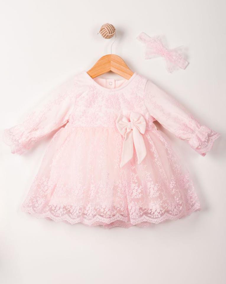 ZARİF DANTELLERLE BEZENMİŞ PAMUK KIZ BEBEK ELBİSE ( BANDANA DAHİLDİR ) - pembe