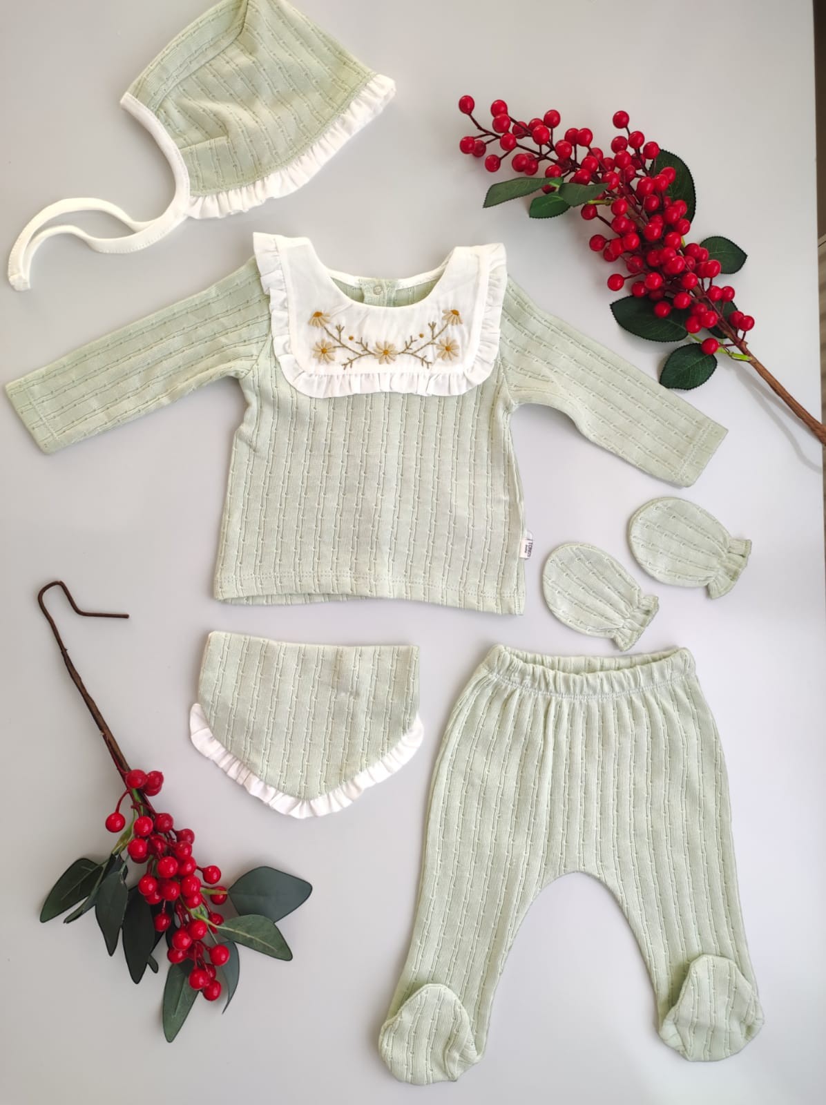 Çiçek Nakışlı Bebe Yaka 5 Parça Vintage Zıbın Set - Mint