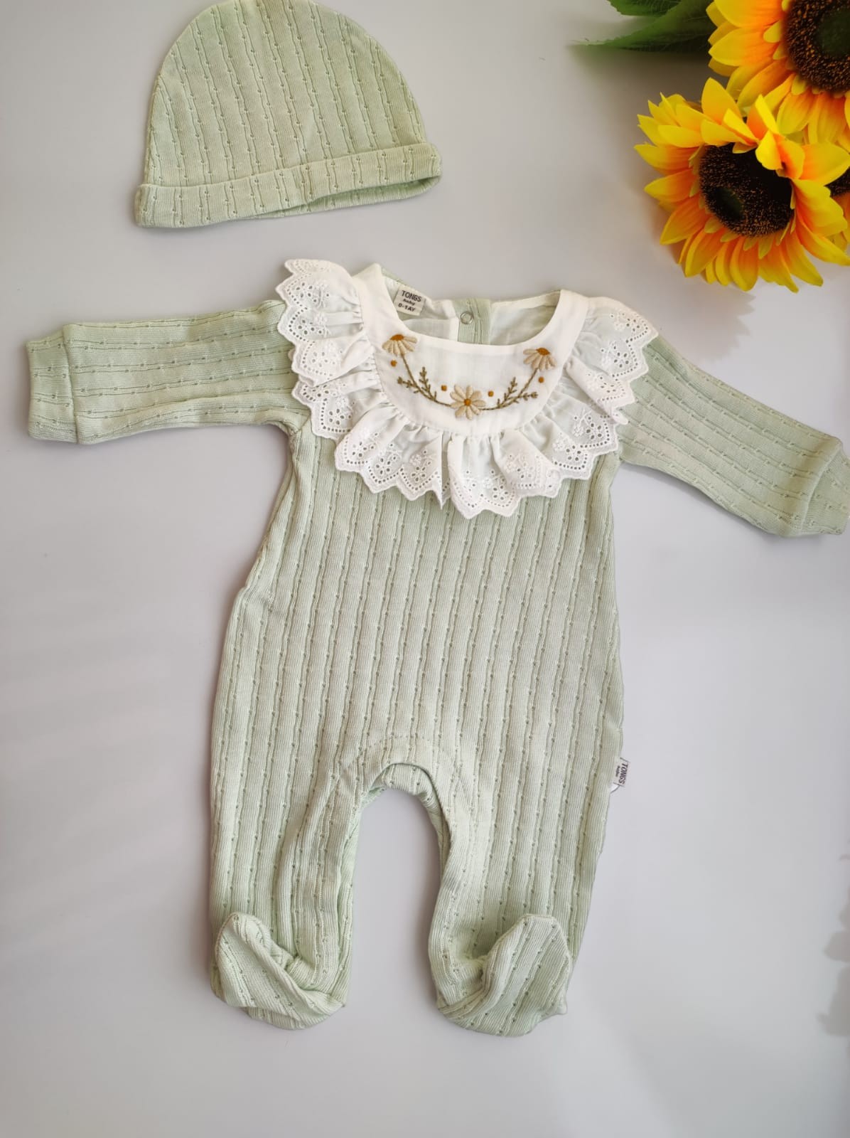 BERELİ ÇİÇEK NAKIŞLI BEBE YAKA VİNTAGE TULUM - Mint