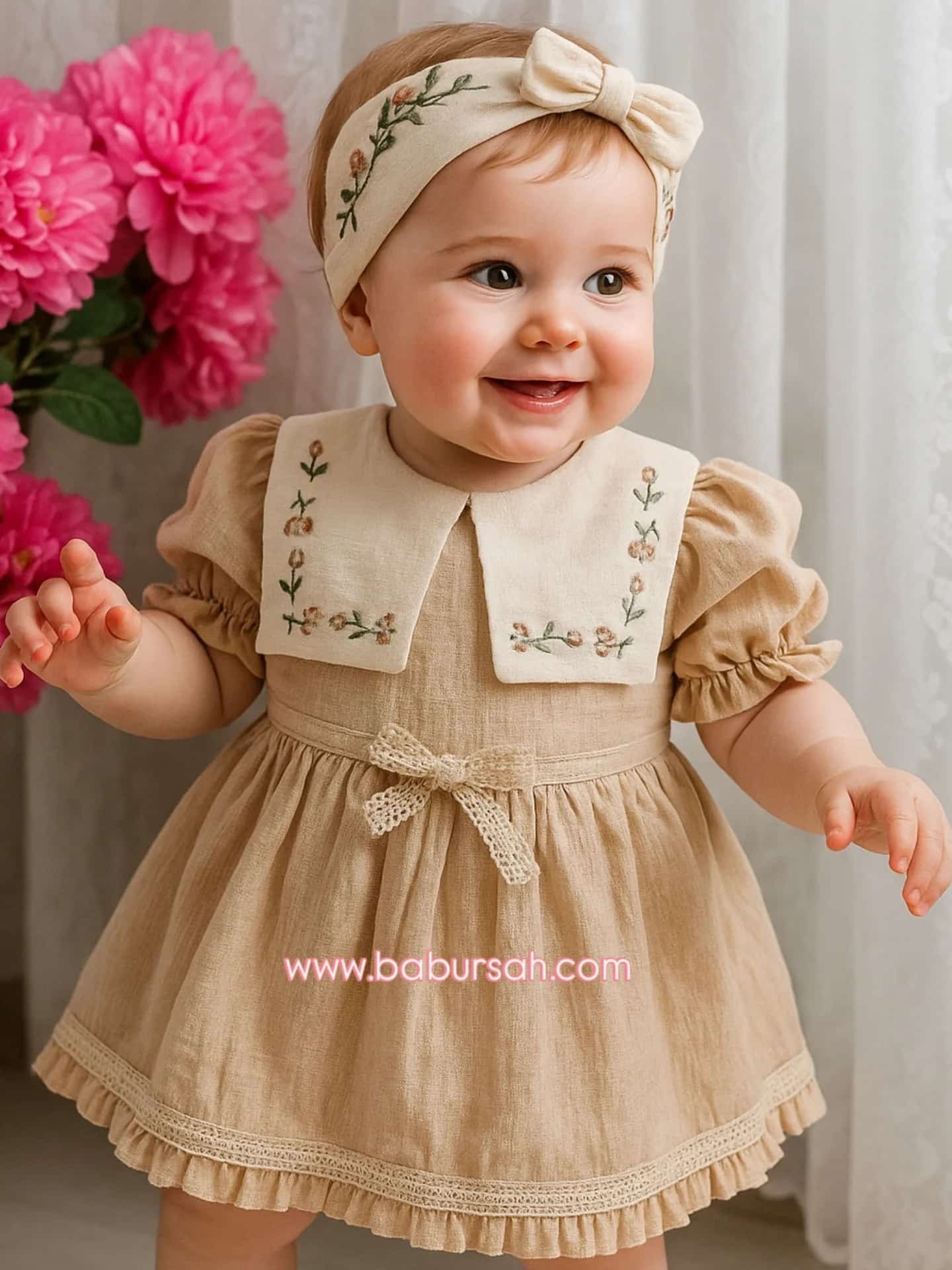%100 PAMUK KARE YAKA NAKIŞLI BEBEK ELBİSE - Sütlü Kahve