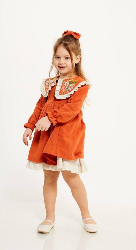 NAKIŞ DESENLİ BEBE YAKA KIZ ÇOCUK ELBİSE ( TOKA HEDİYELİ )