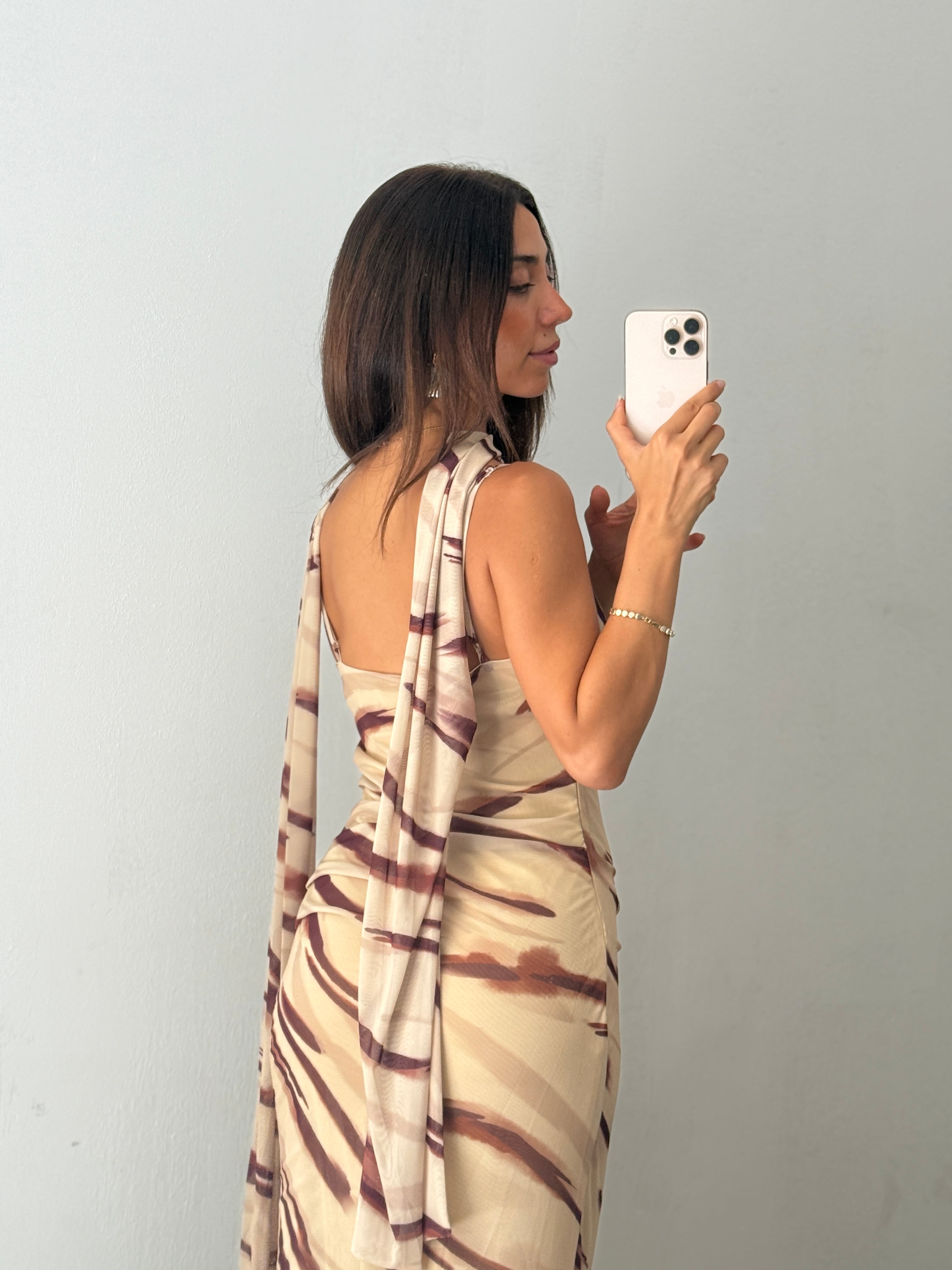 FULAR DETAYLI MİDİ TÜL CAPE ELBİSE