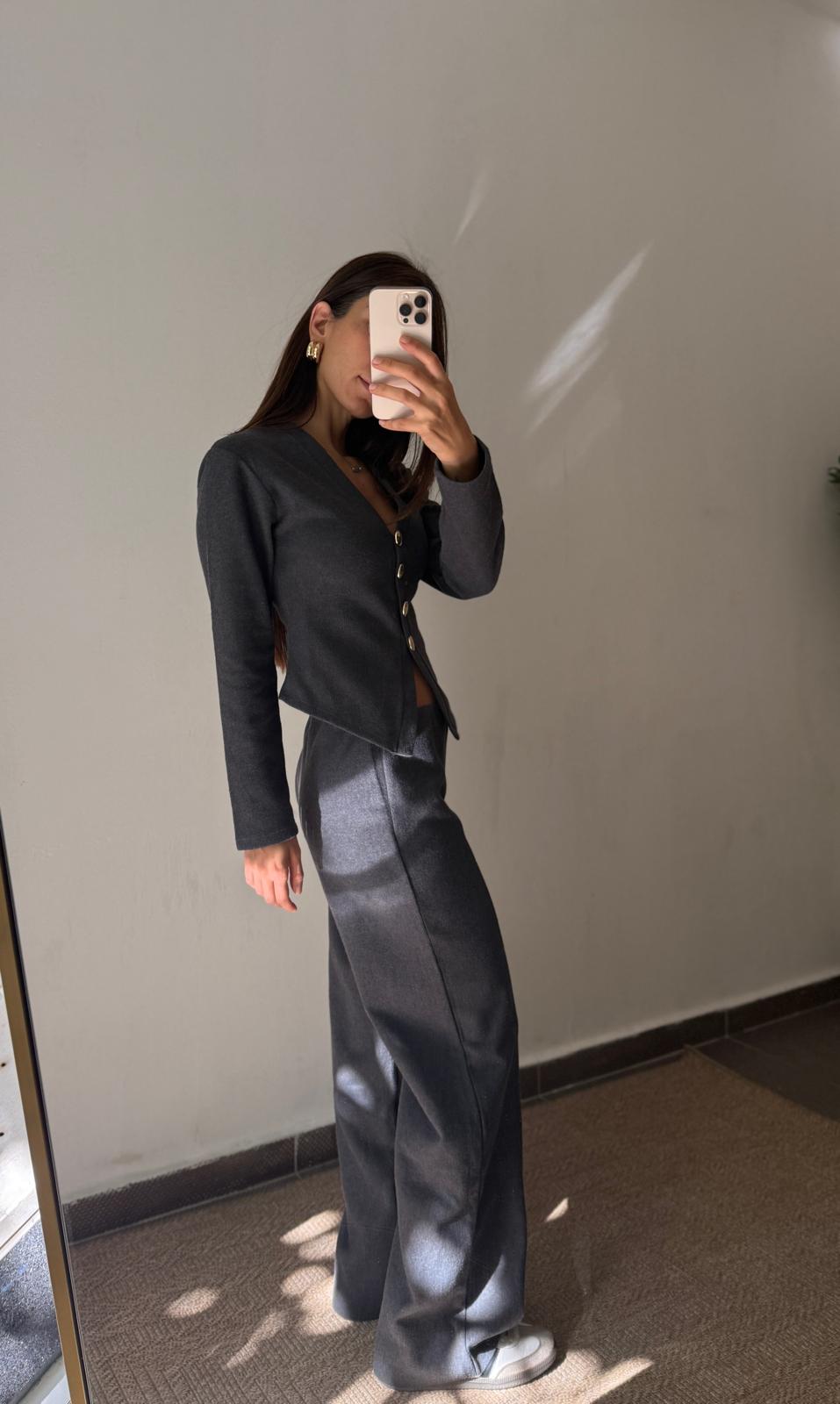 DÜĞMELİ DETAYLI TRİKO TAKIM - Antrasit