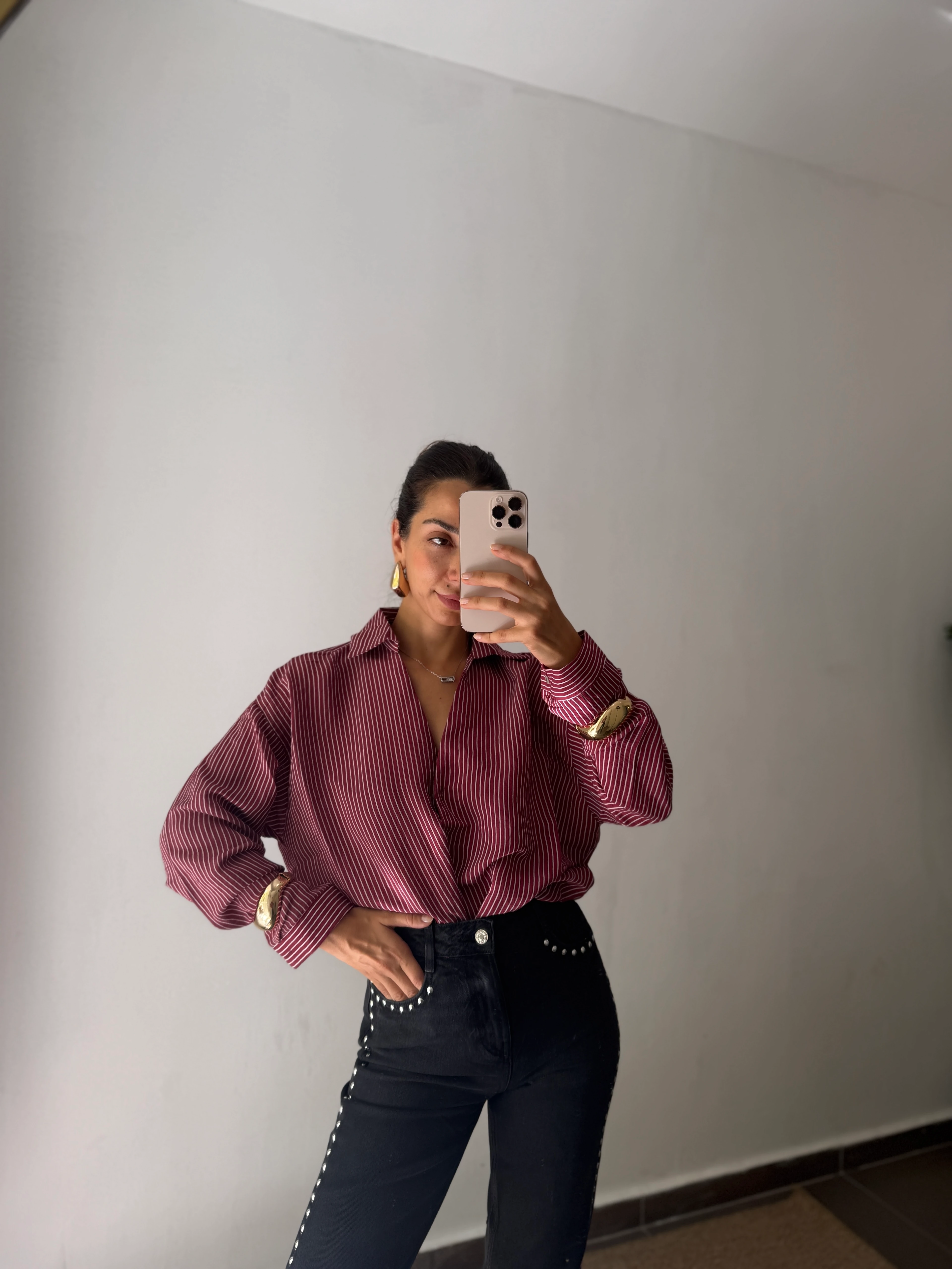 PREMİUM ÇİZGİLİ GÖMLEK OVERSİZR  - BORDO