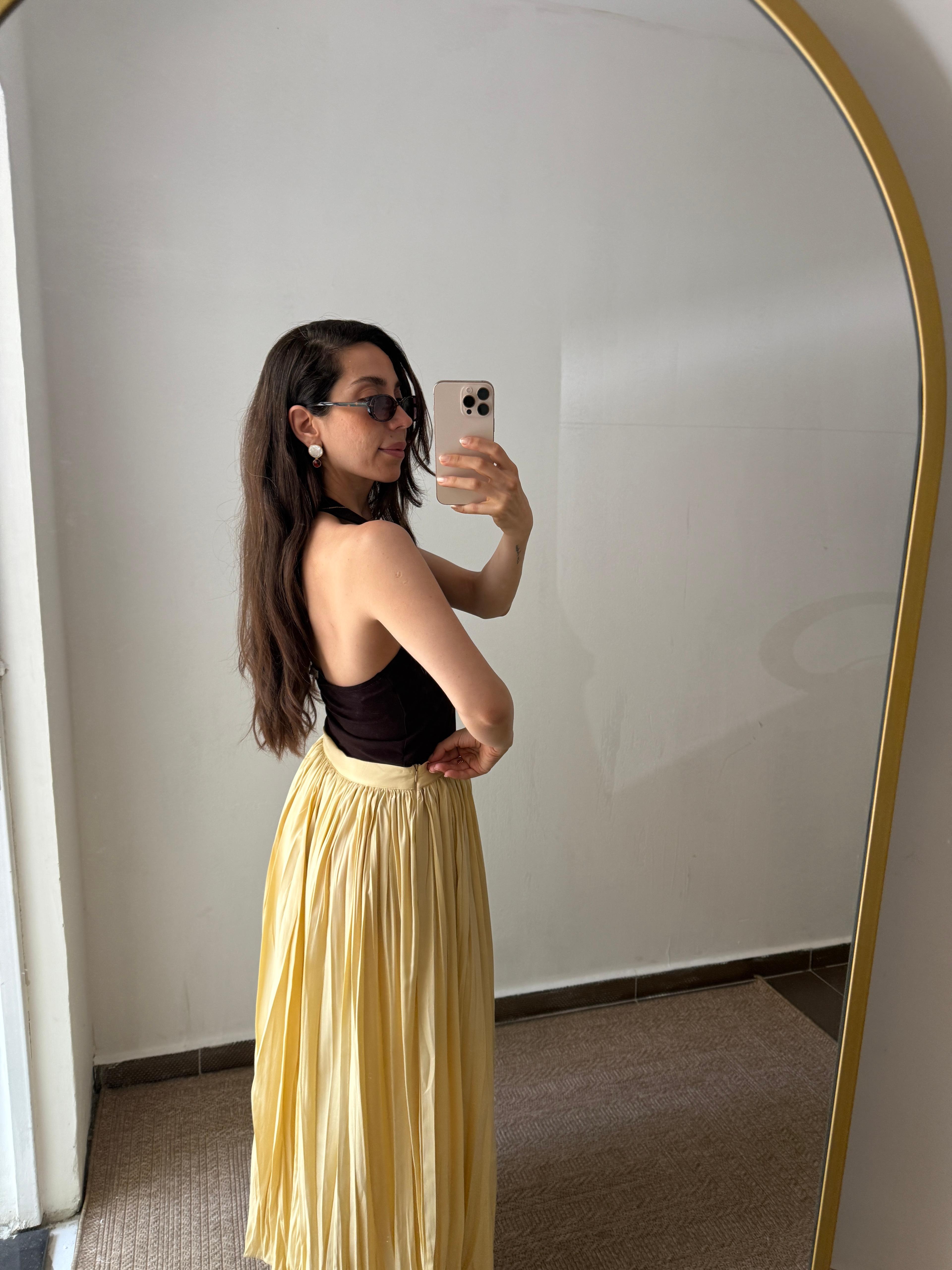 PİLELİ SARI MAXİ ETEK