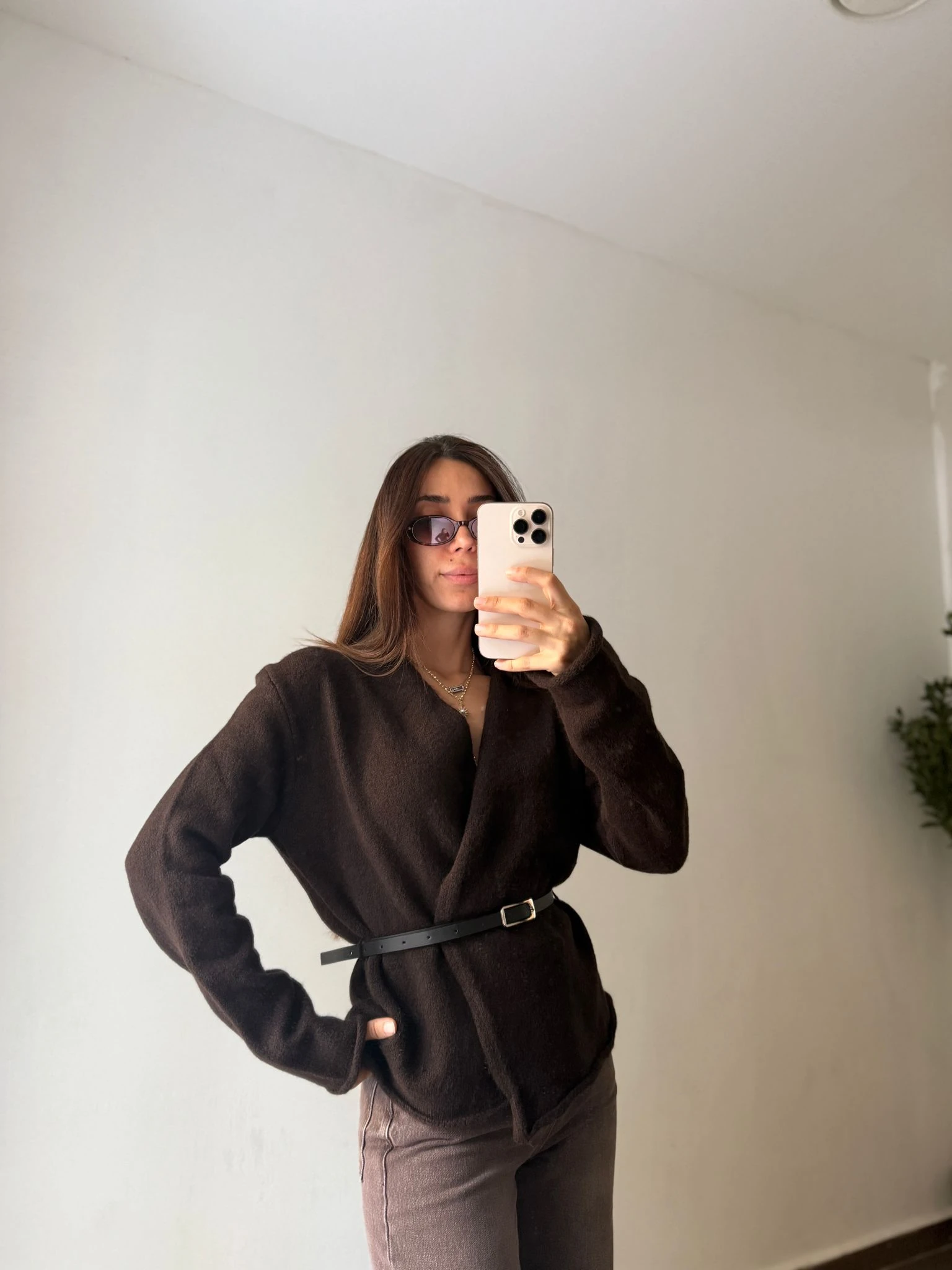 KEMERLİ KRUVAZE TRİKO HIRKA - Kahve