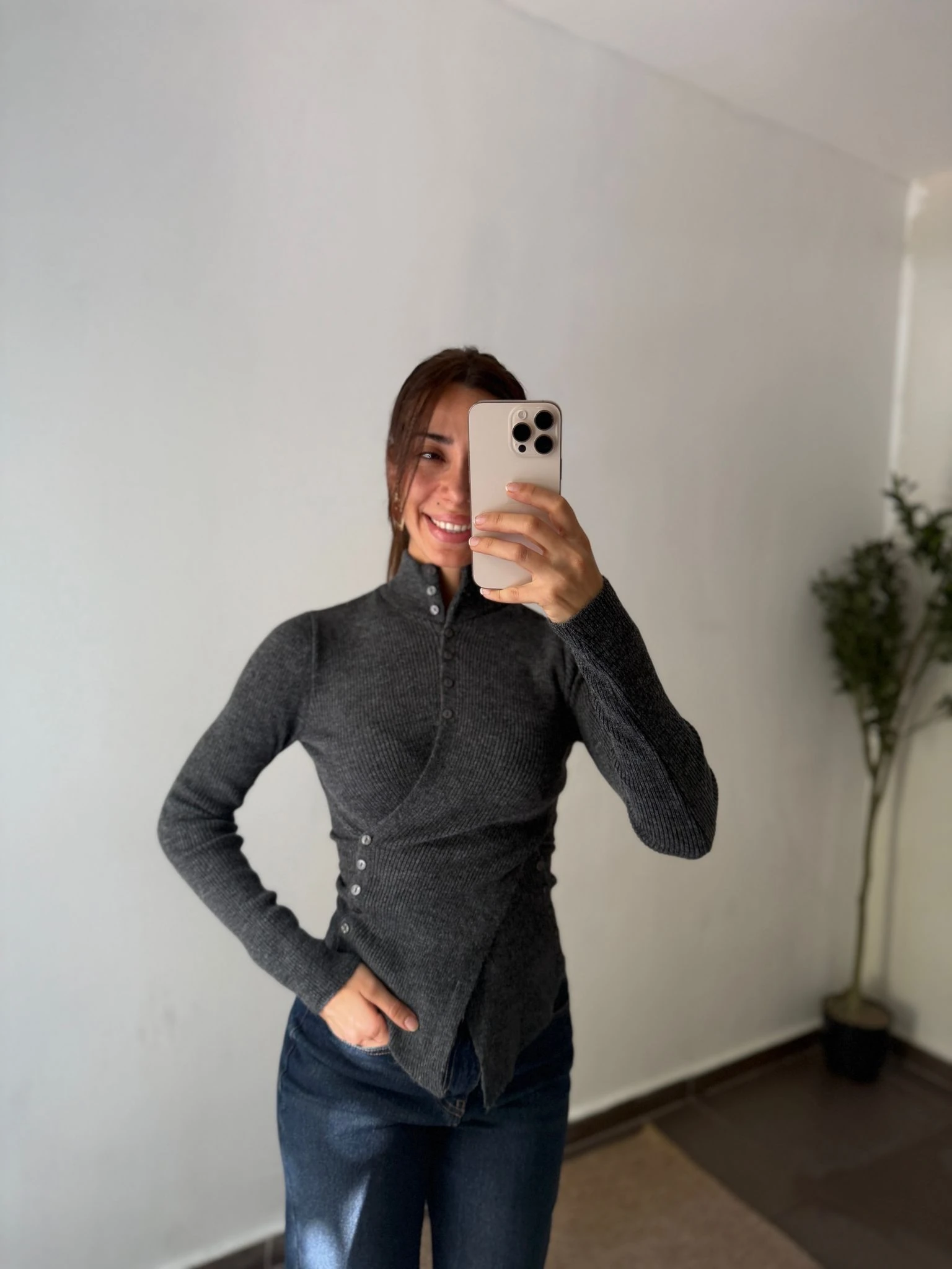 DÜĞME DETAYLI TRİKO BLUZ - Antrasit