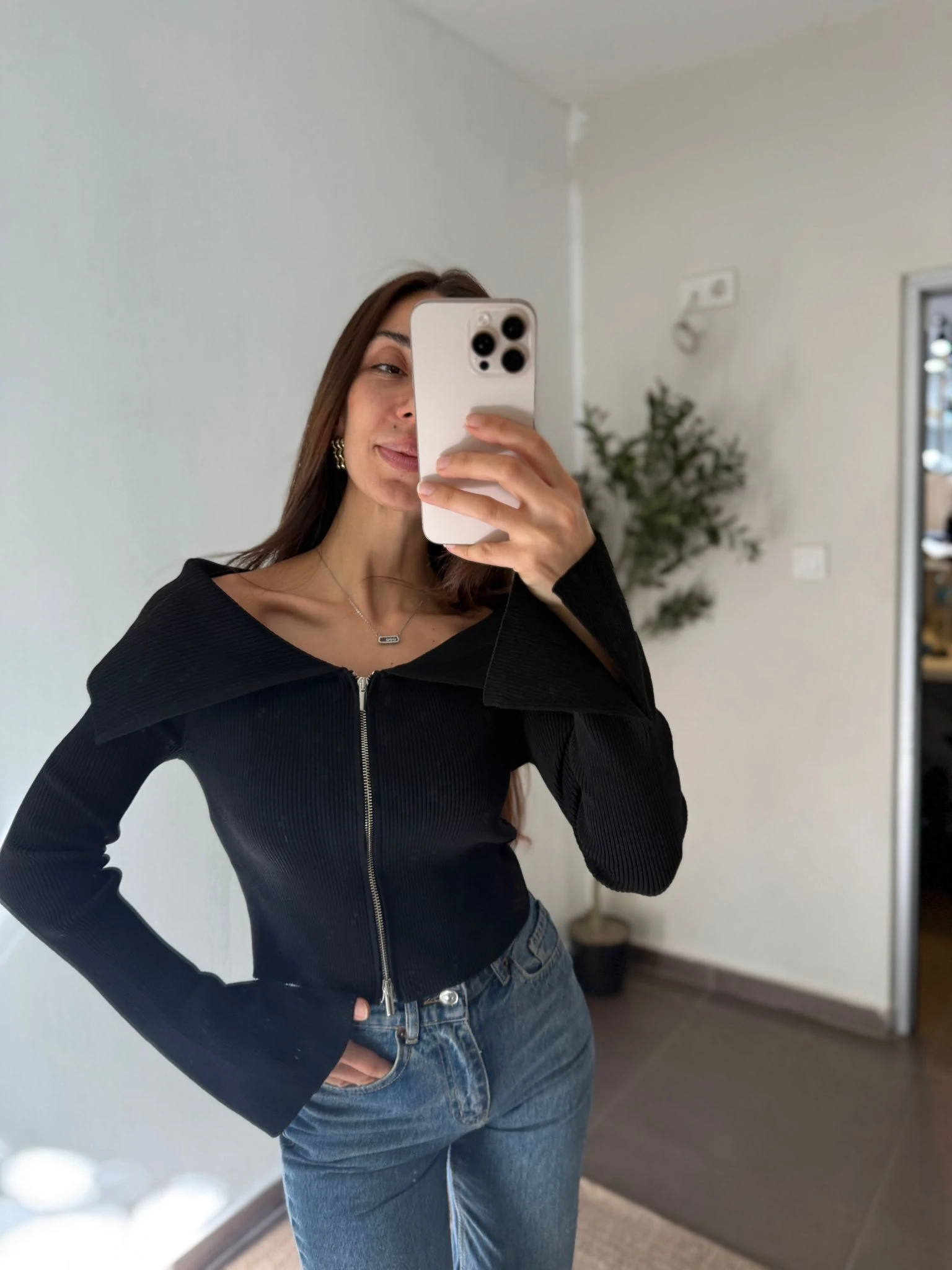 FERMUAR DETAY YAKALI BLUZ  - Siyah