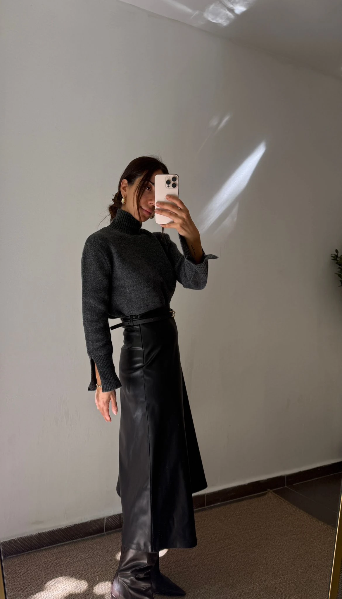 KEMERLİ DERİ MİDİ BOY ETEK  - Siyah