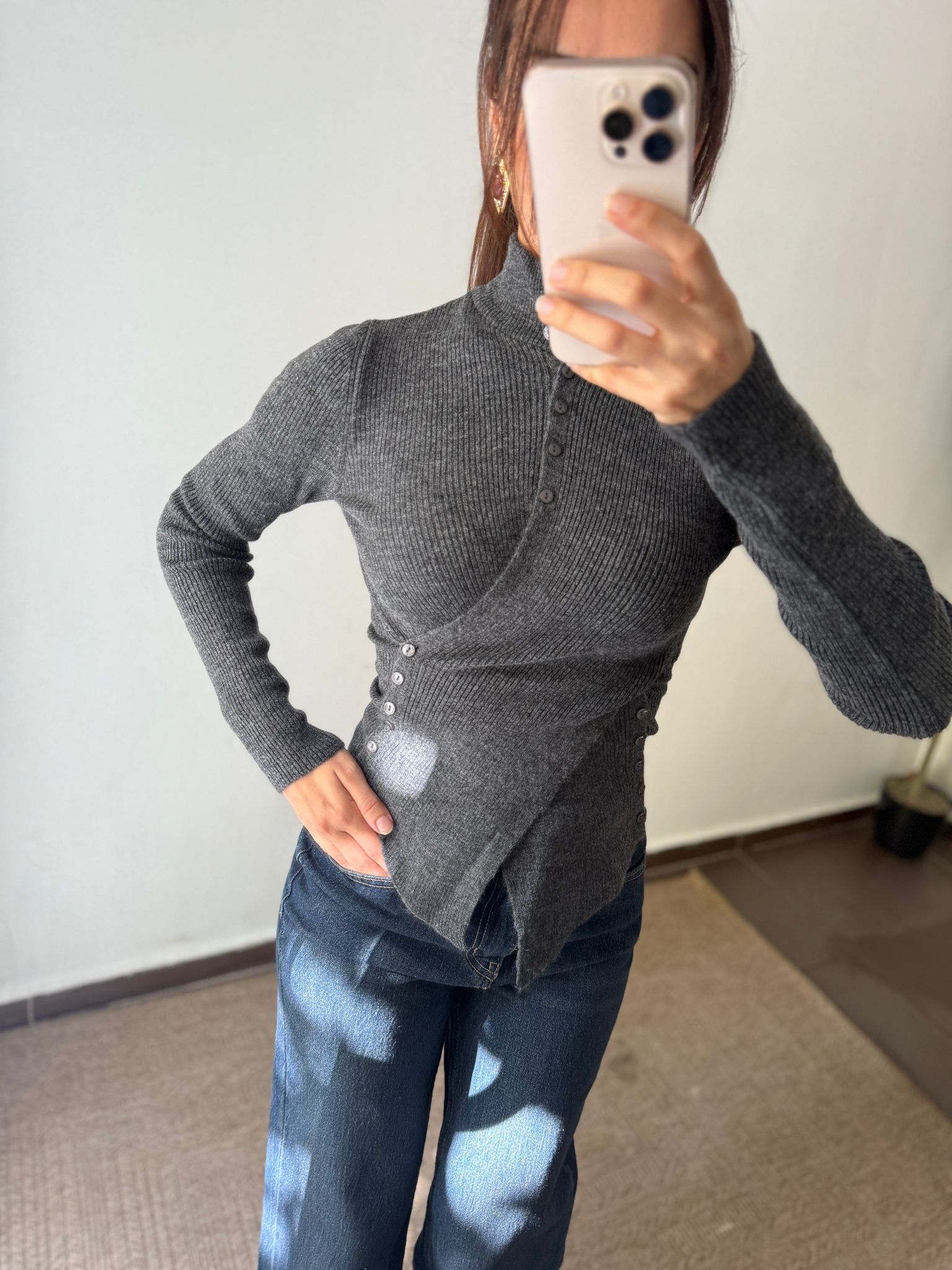 DÜĞME DETAYLI TRİKO BLUZ - Antrasit