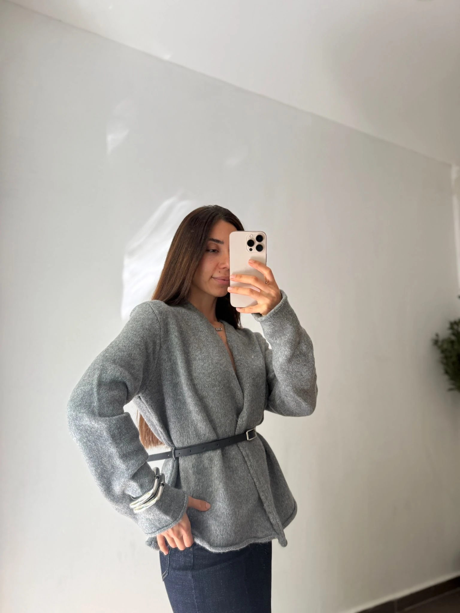 KEMERLİ KRUVAZE TRİKO HIRKA - Gri