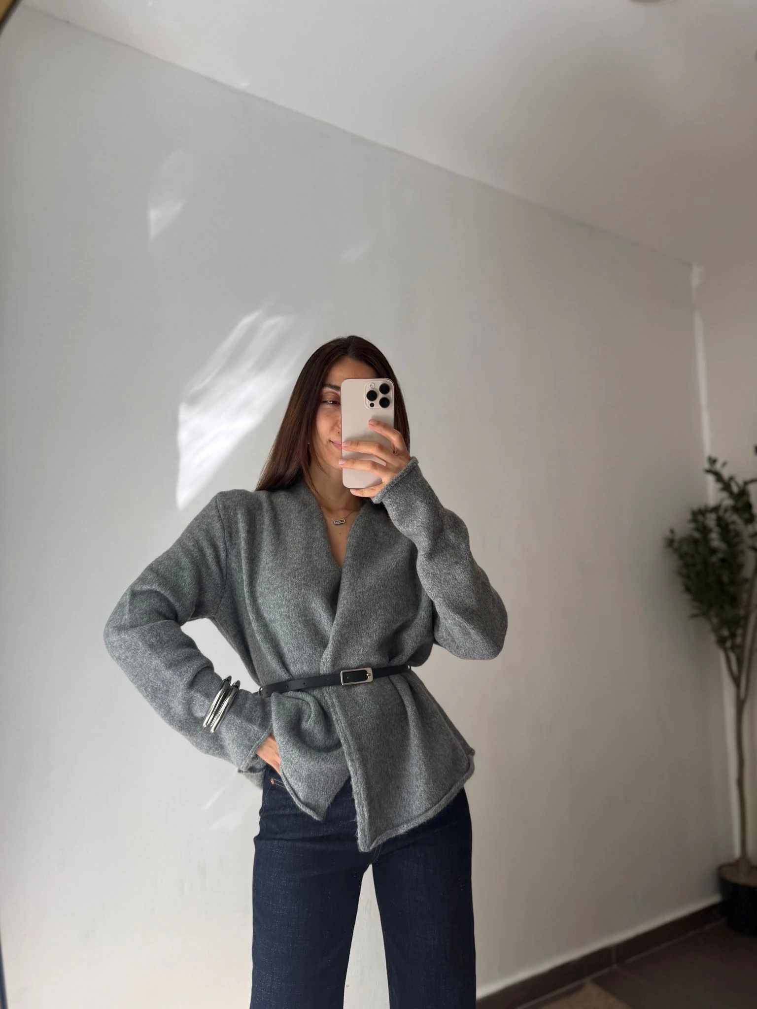 KEMERLİ KRUVAZE TRİKO HIRKA - Gri