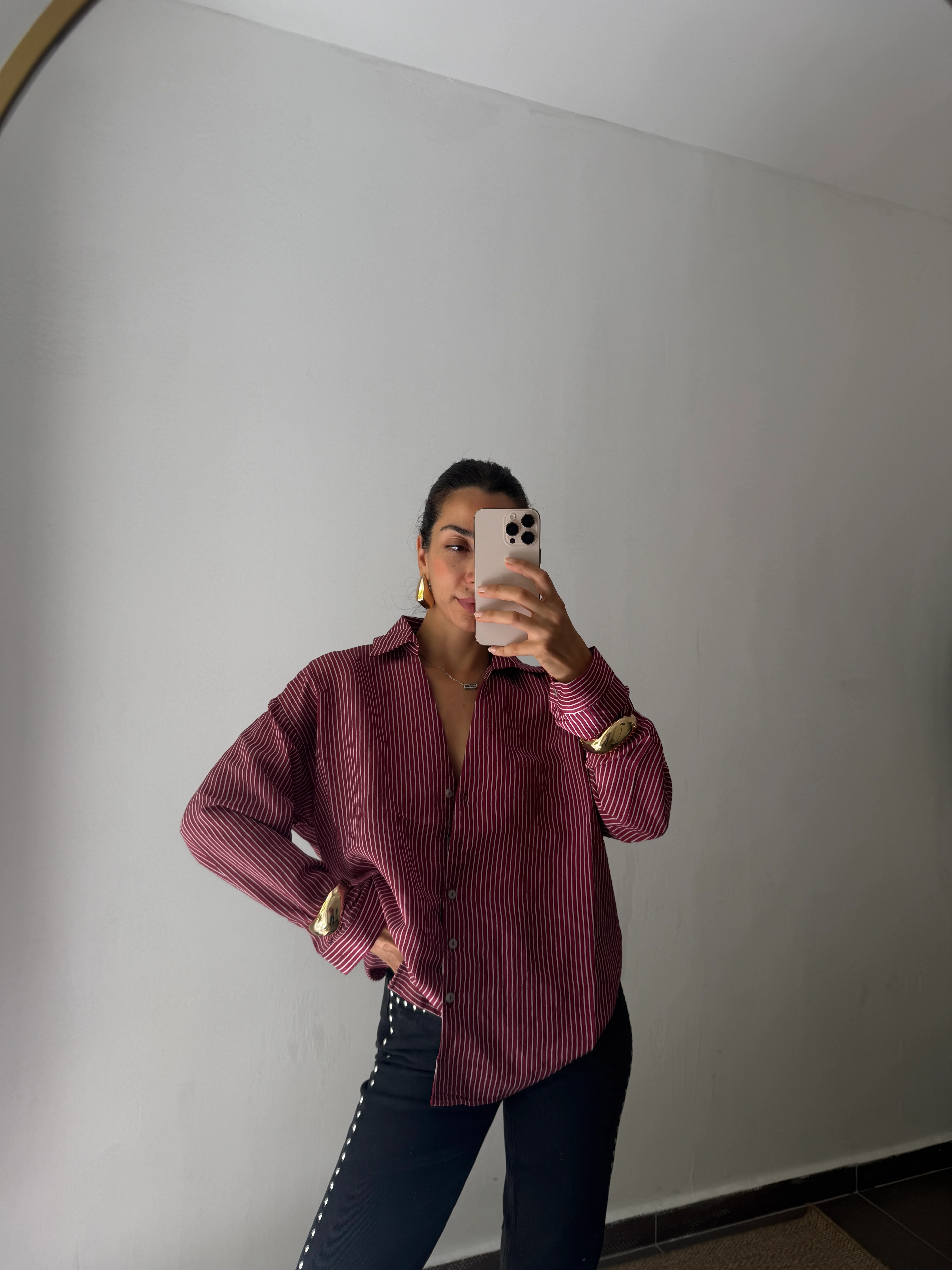 PREMİUM ÇİZGİLİ GÖMLEK OVERSİZR  - BORDO