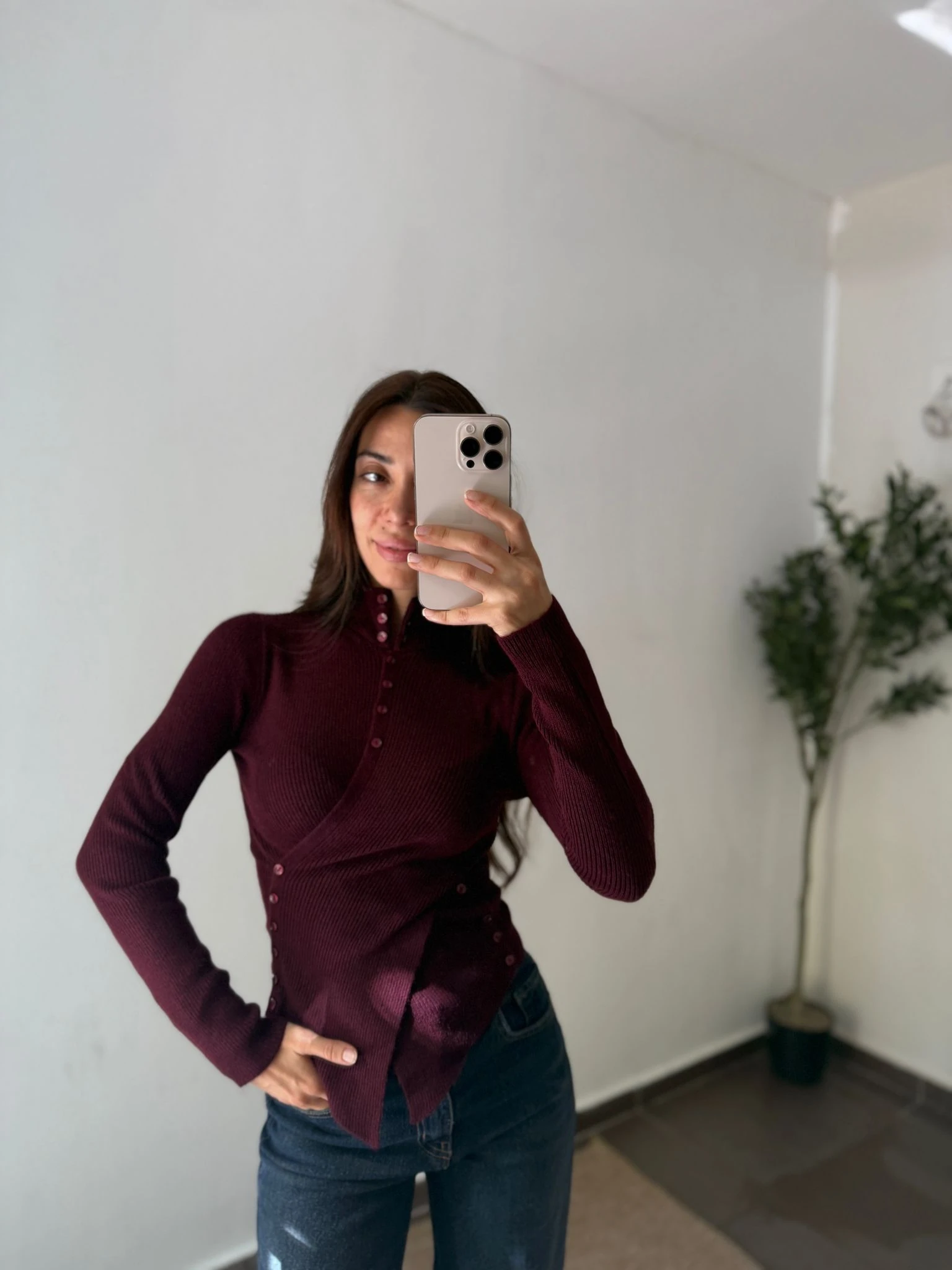 DÜĞME DETAYLI TRİKO BLUZ - Bordo