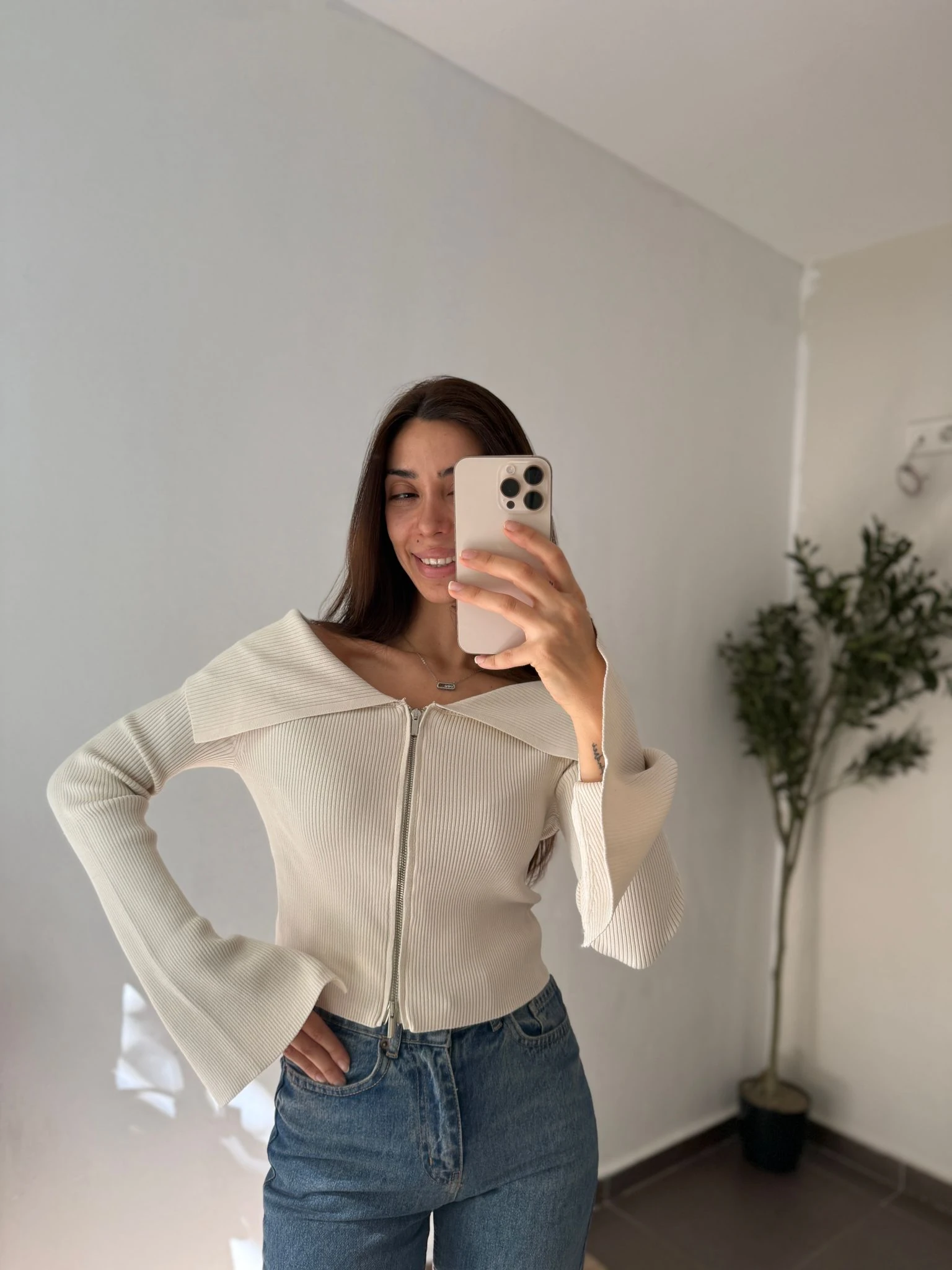 FERMUAR DETAY YAKALI BLUZ  - Taş