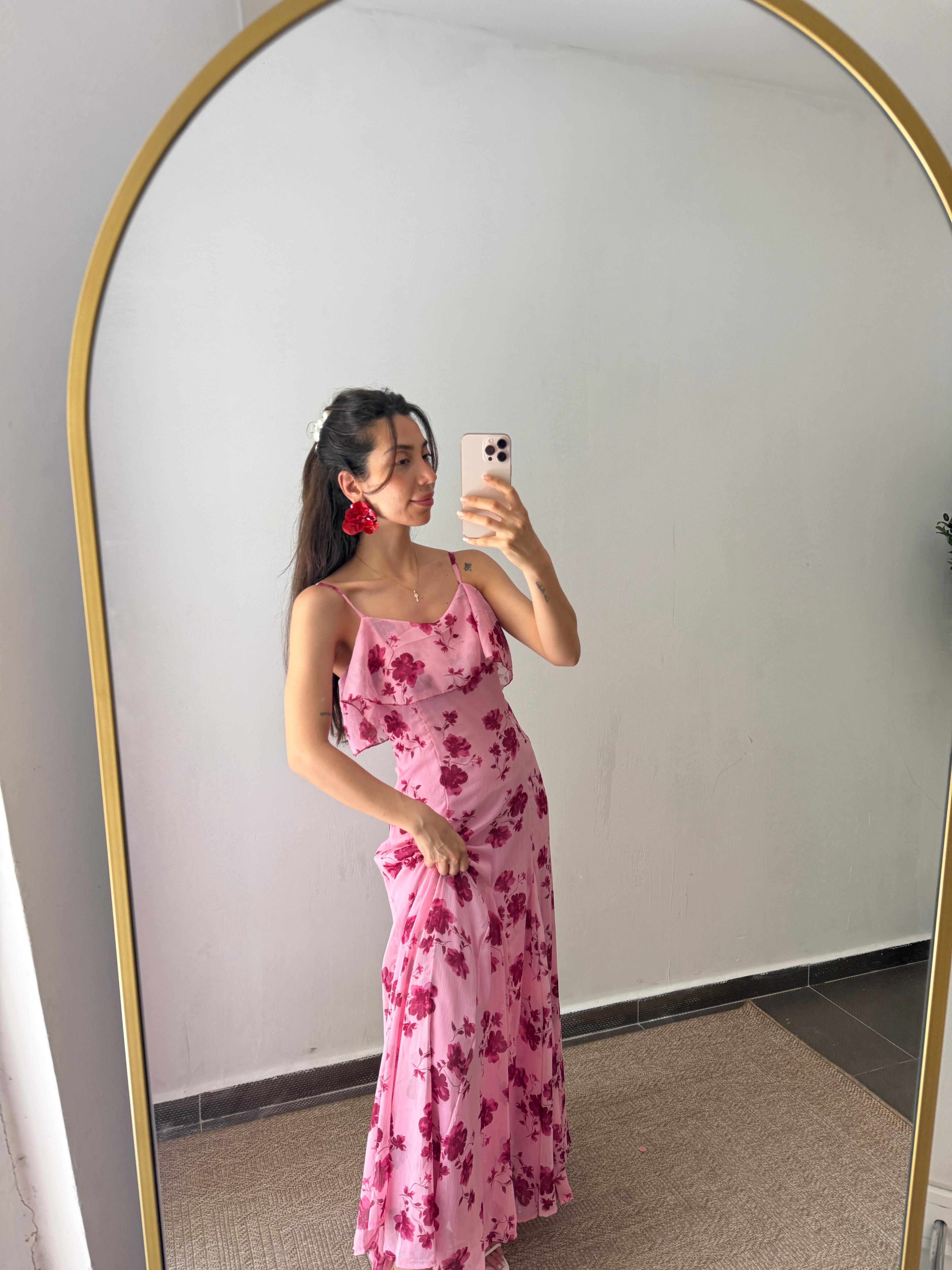 ŞİFON ELBİSE PEMBE ÇİÇEKLİ 