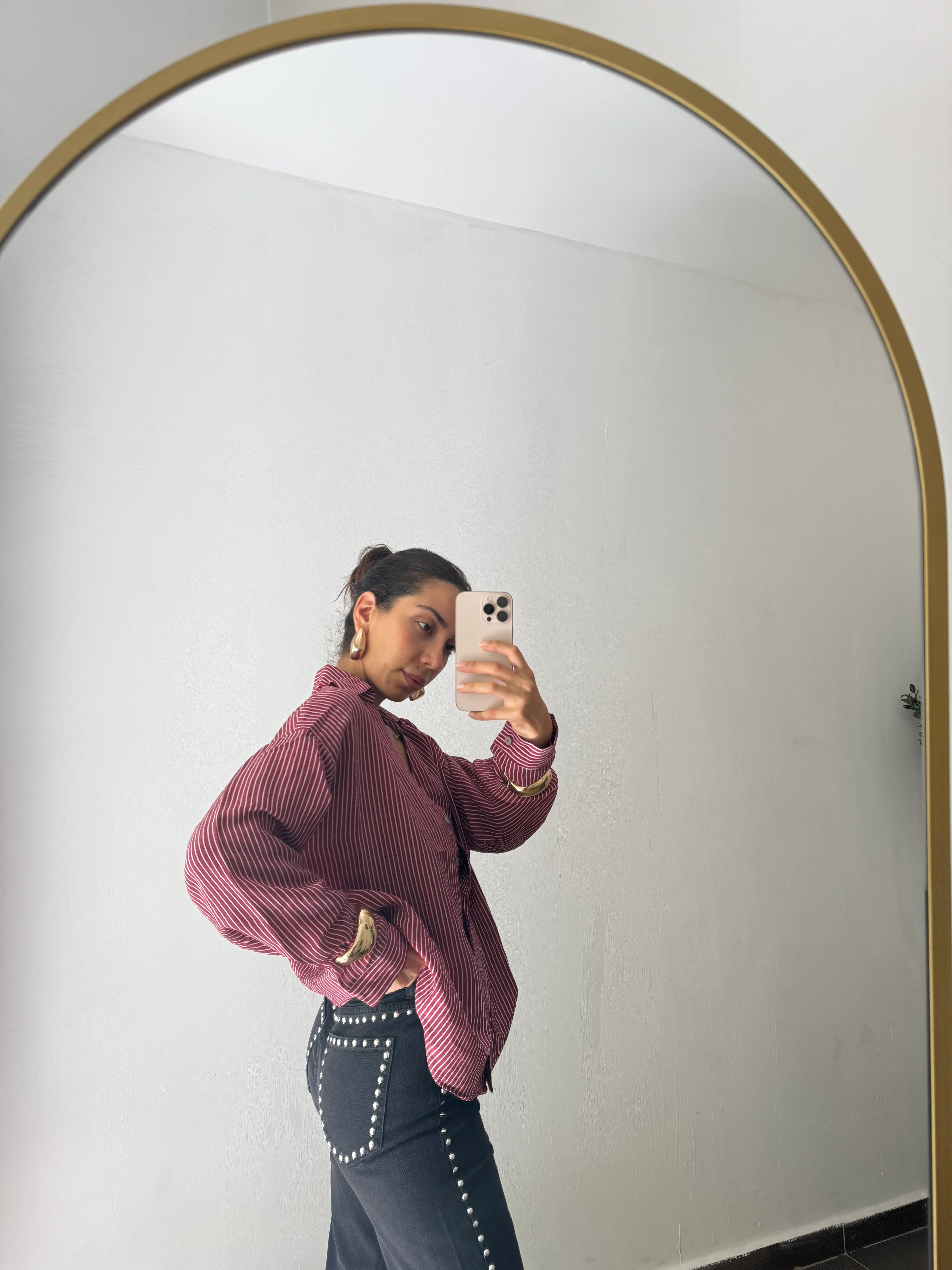 PREMİUM ÇİZGİLİ GÖMLEK OVERSİZR  - BORDO