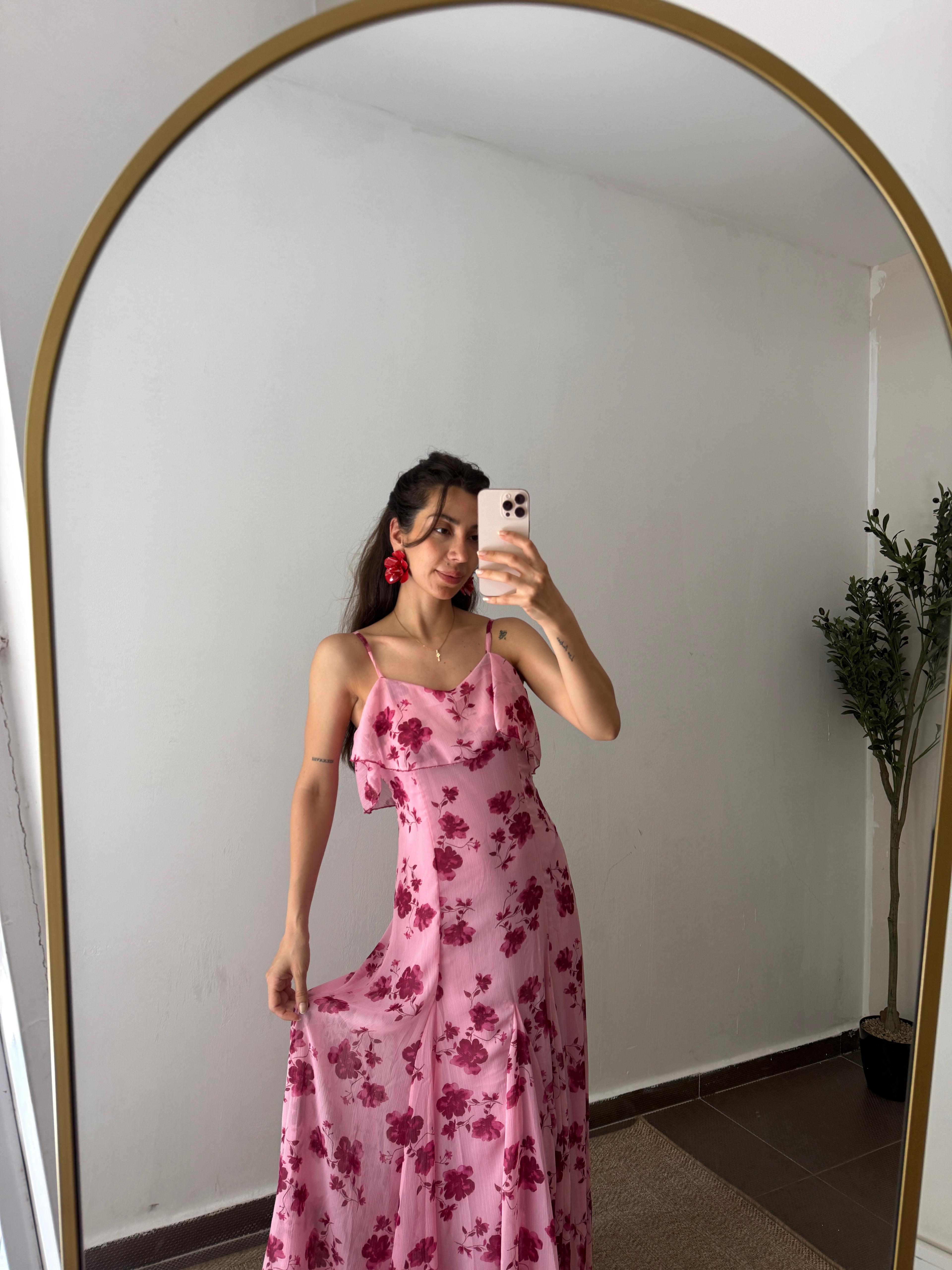 ŞİFON ELBİSE PEMBE ÇİÇEKLİ 