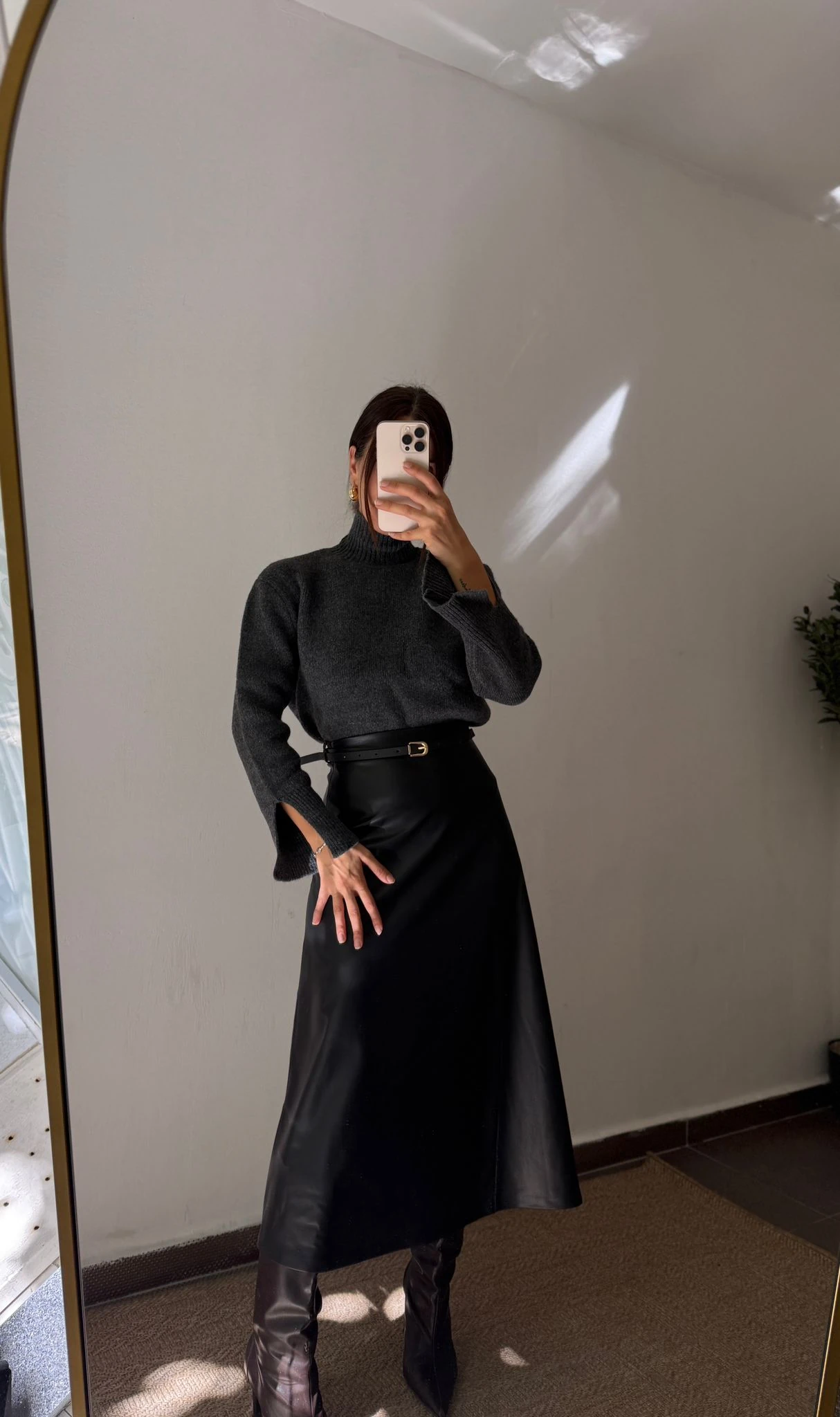 KEMERLİ DERİ MİDİ BOY ETEK  - Siyah