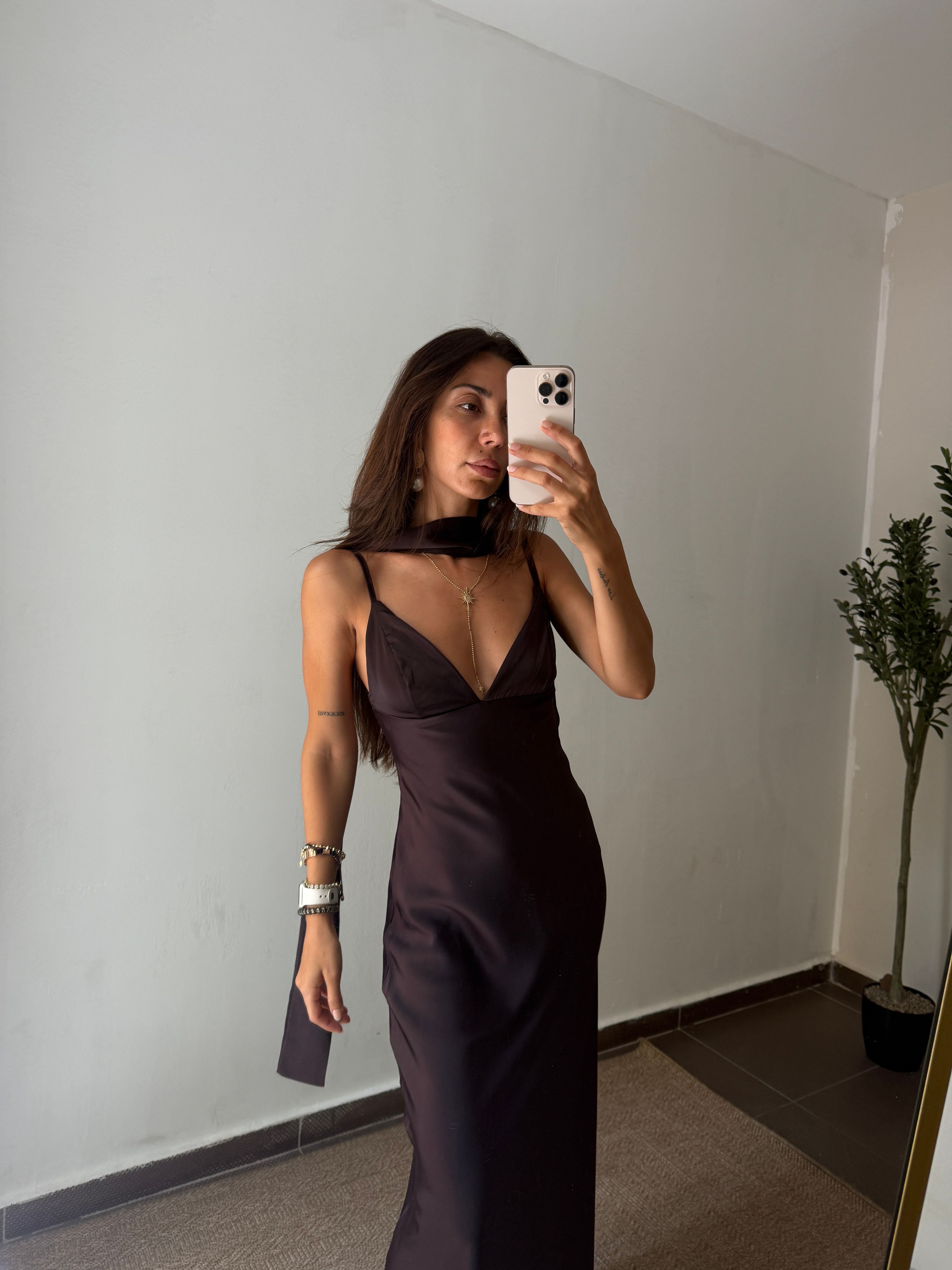 SAtEN KAHVE FULAR DETAY PUGLİA ELBİSE