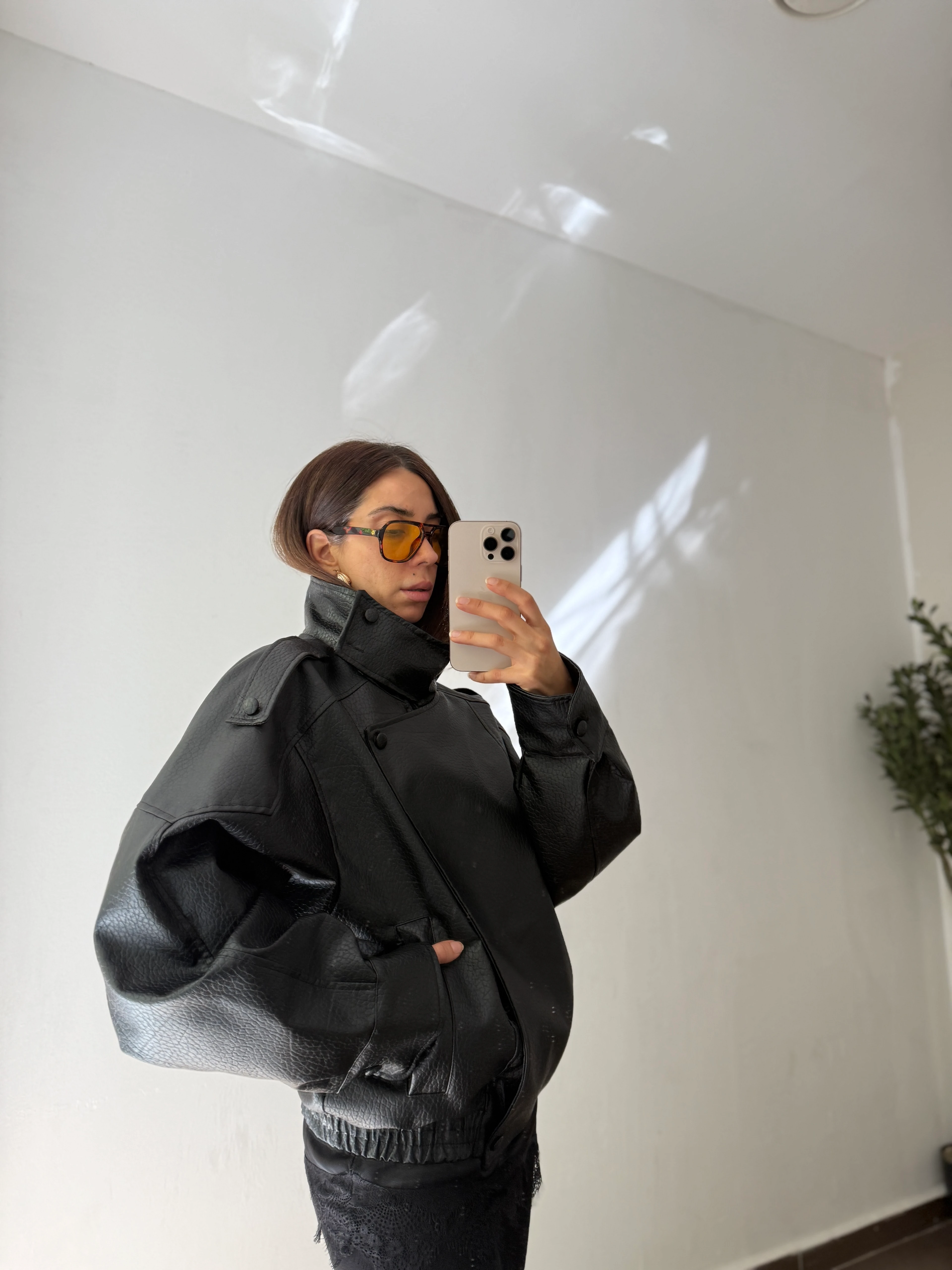 KROKO DERİ BOYUN DETAYLI DERİ CEKET