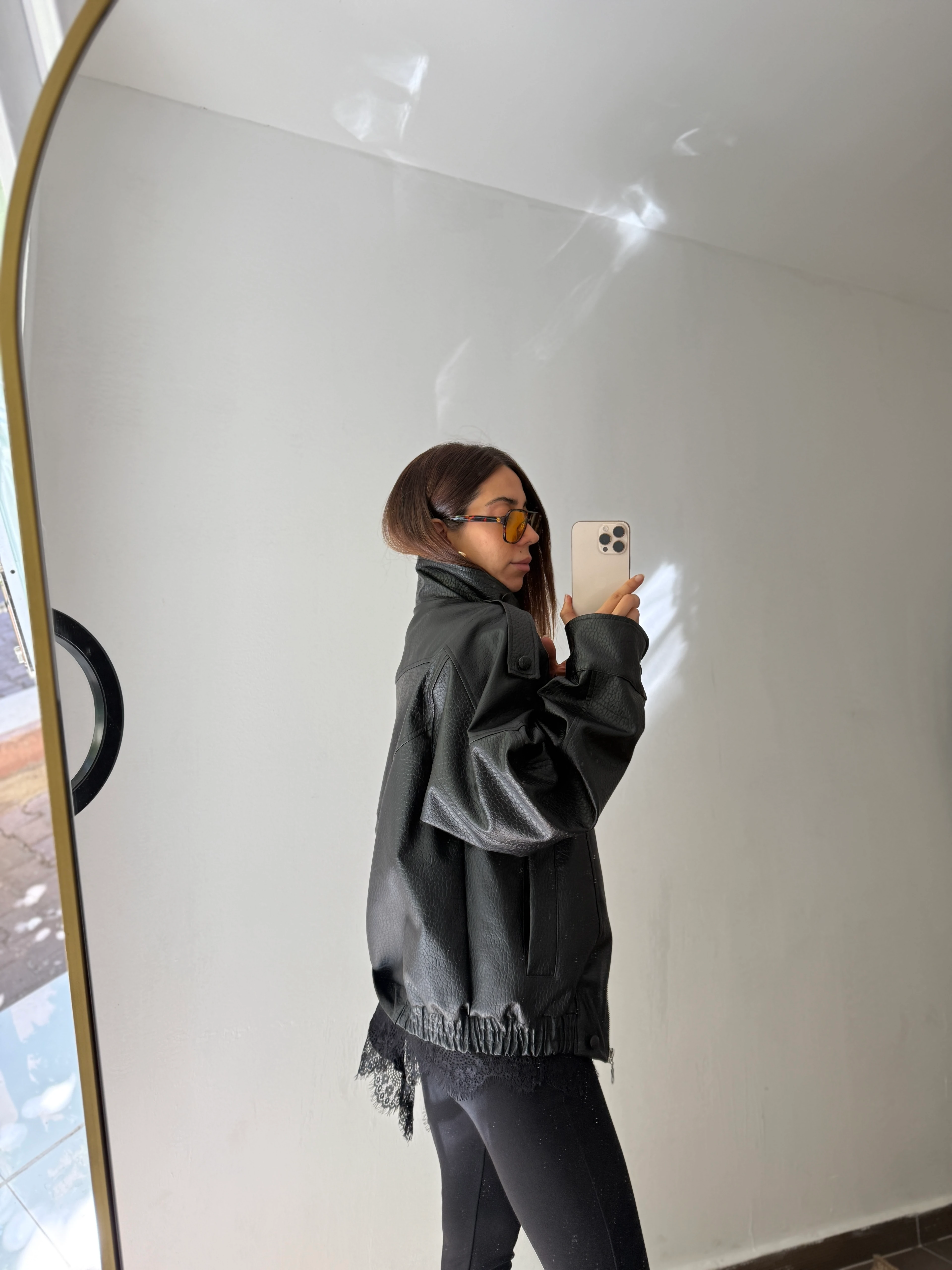 KROKO DERİ BOYUN DETAYLI DERİ CEKET