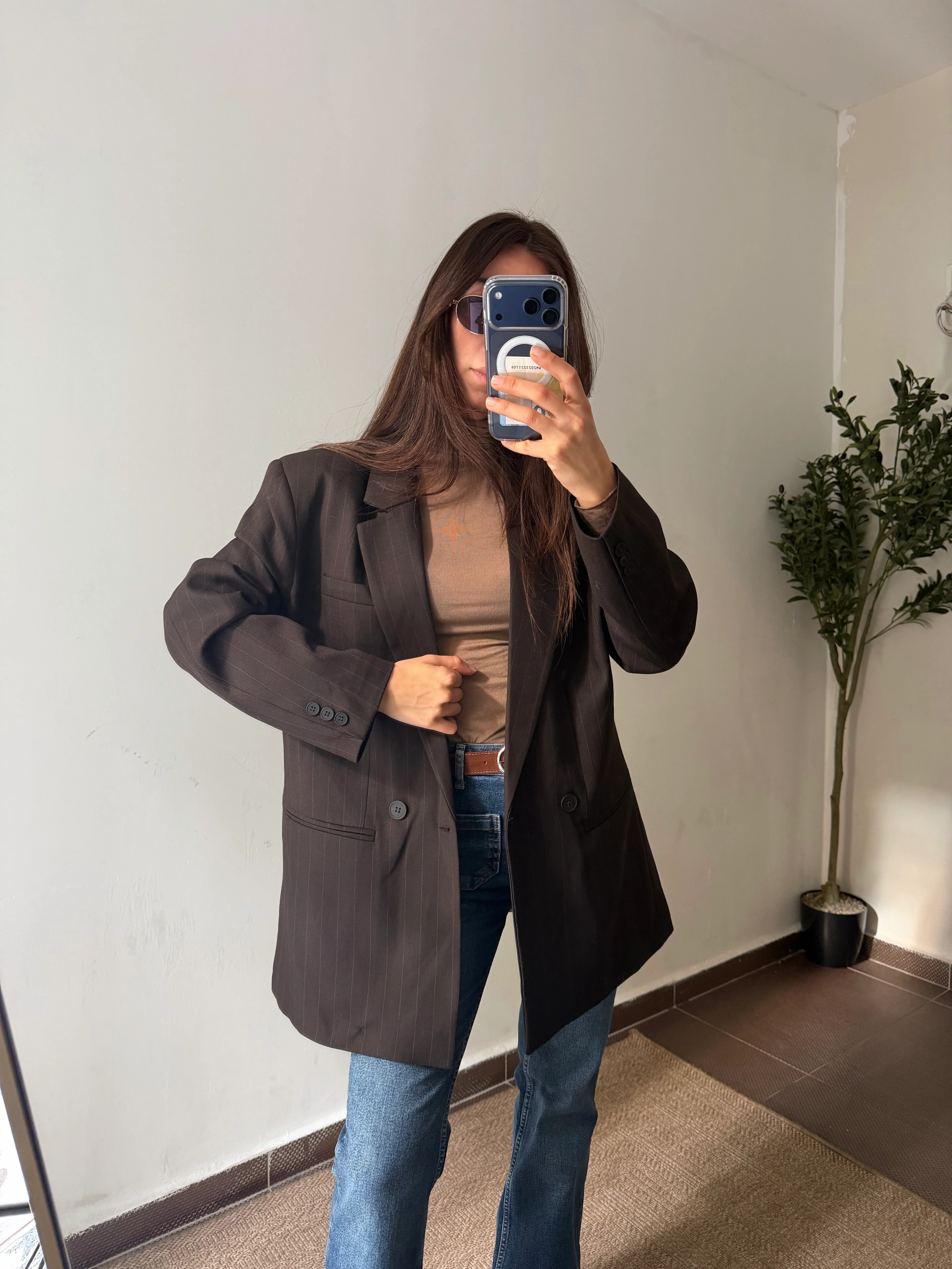 KAHVERENGİ ÇİZGİLİ OVERSİZE BLEYZER 