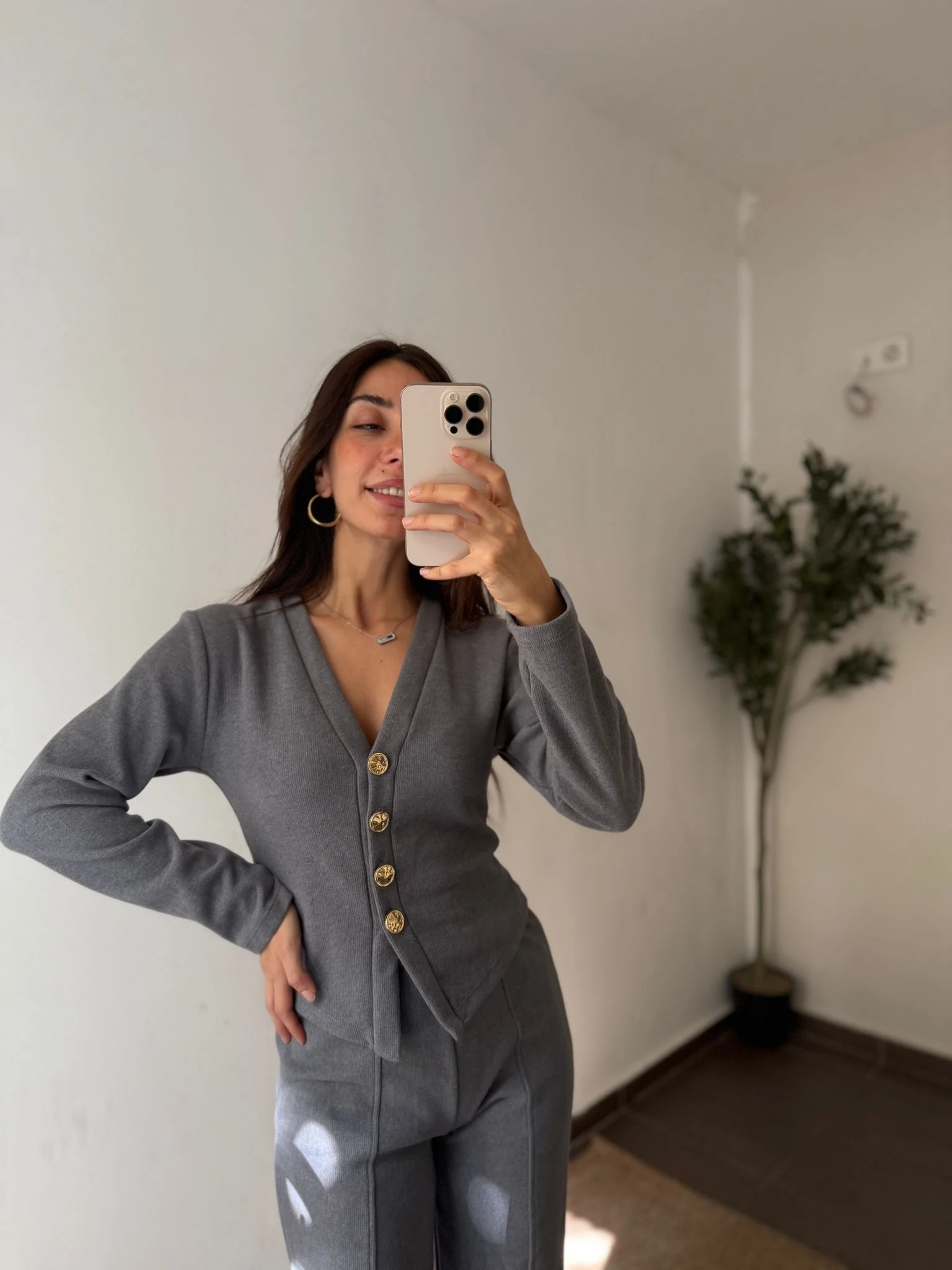 DÜĞMELİ DETAYLI TRİKO TAKIM - Antrasit