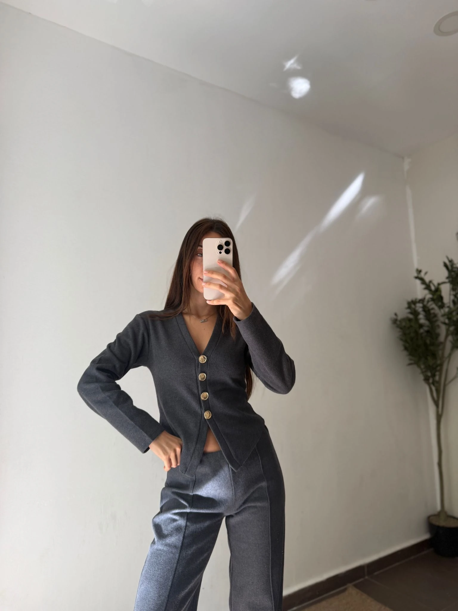 DÜĞMELİ DETAYLI TRİKO TAKIM - Antrasit