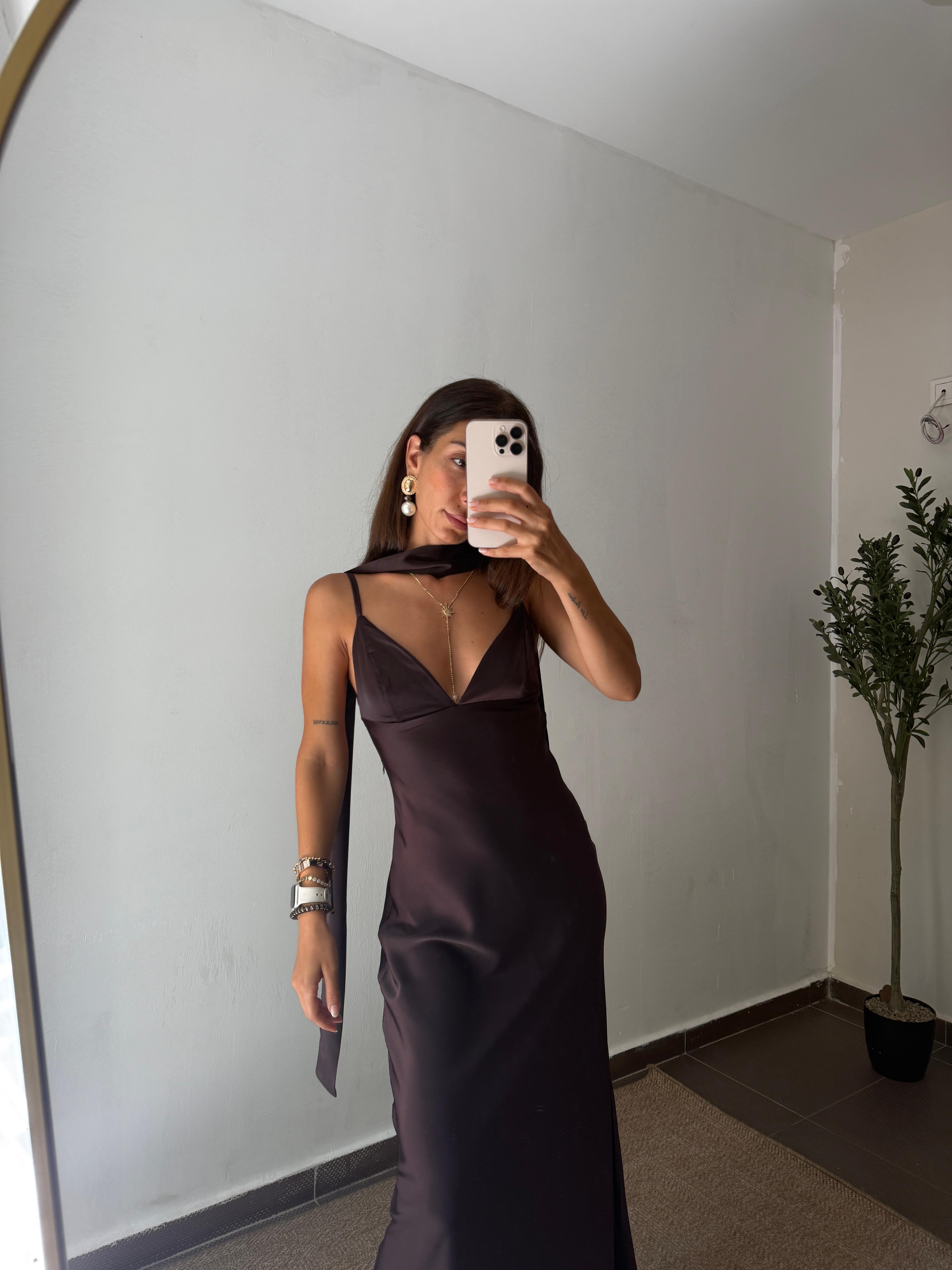 SAtEN KAHVE FULAR DETAY PUGLİA ELBİSE