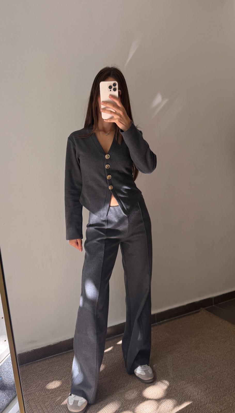 DÜĞMELİ DETAYLI TRİKO TAKIM - Antrasit