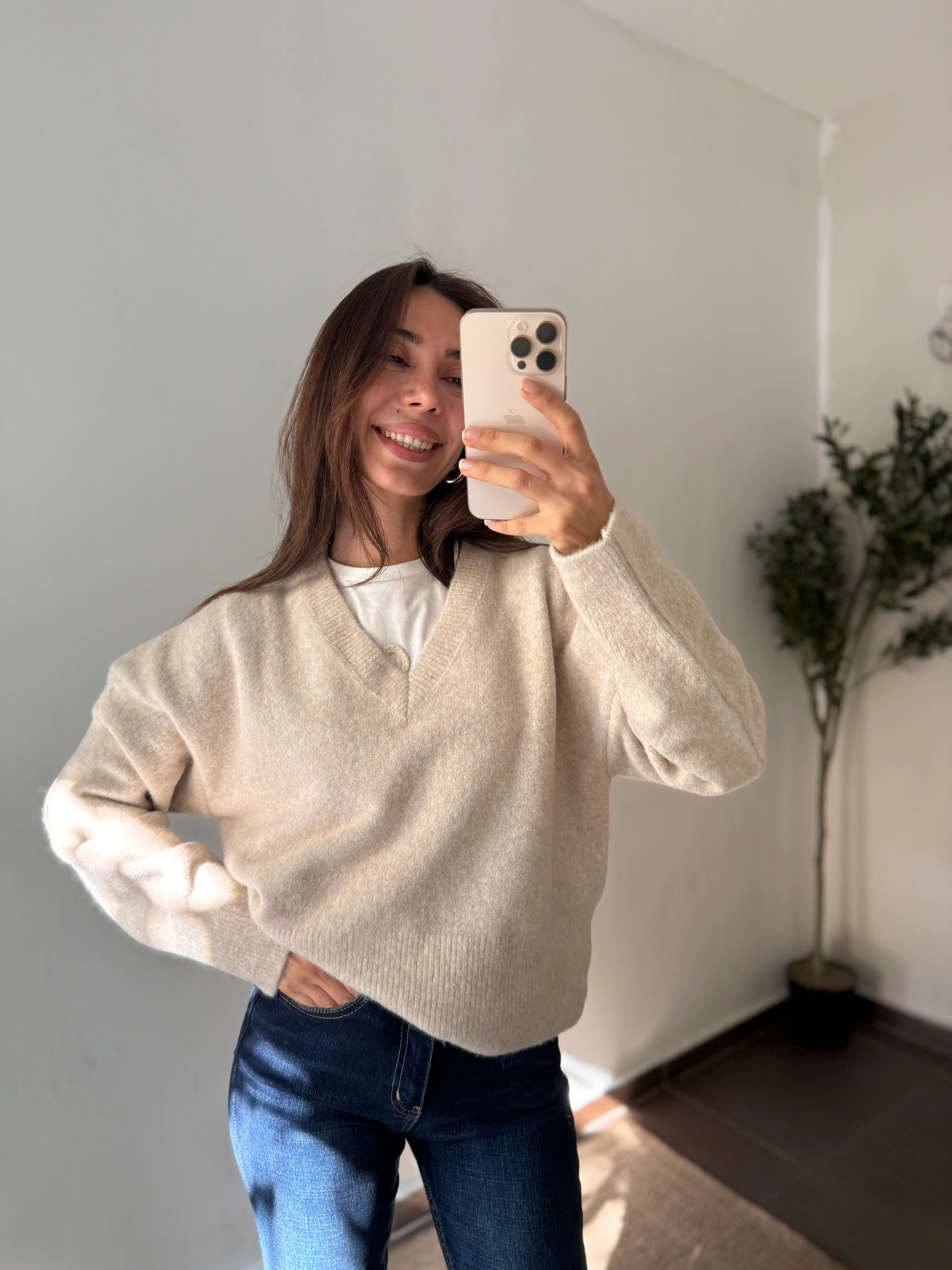 V YAKA YUMOŞ KAZAK  - Bej