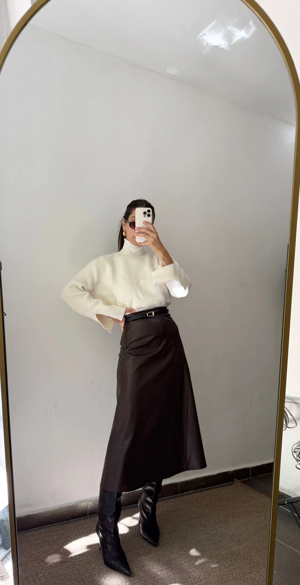 KEMERLİ DERİ MİDİ BOY ETEK  - Kahve