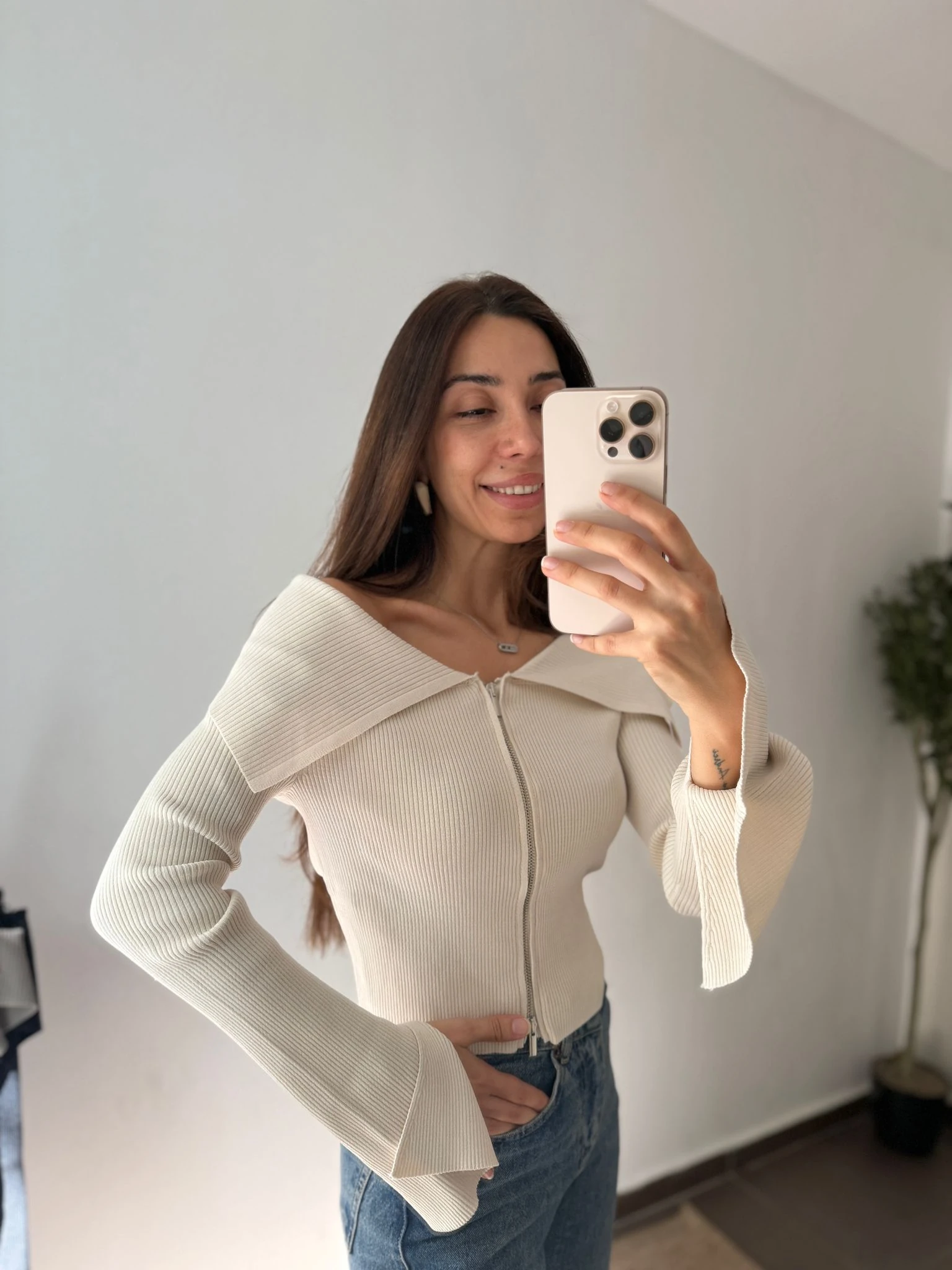 FERMUAR DETAY YAKALI BLUZ  - Taş