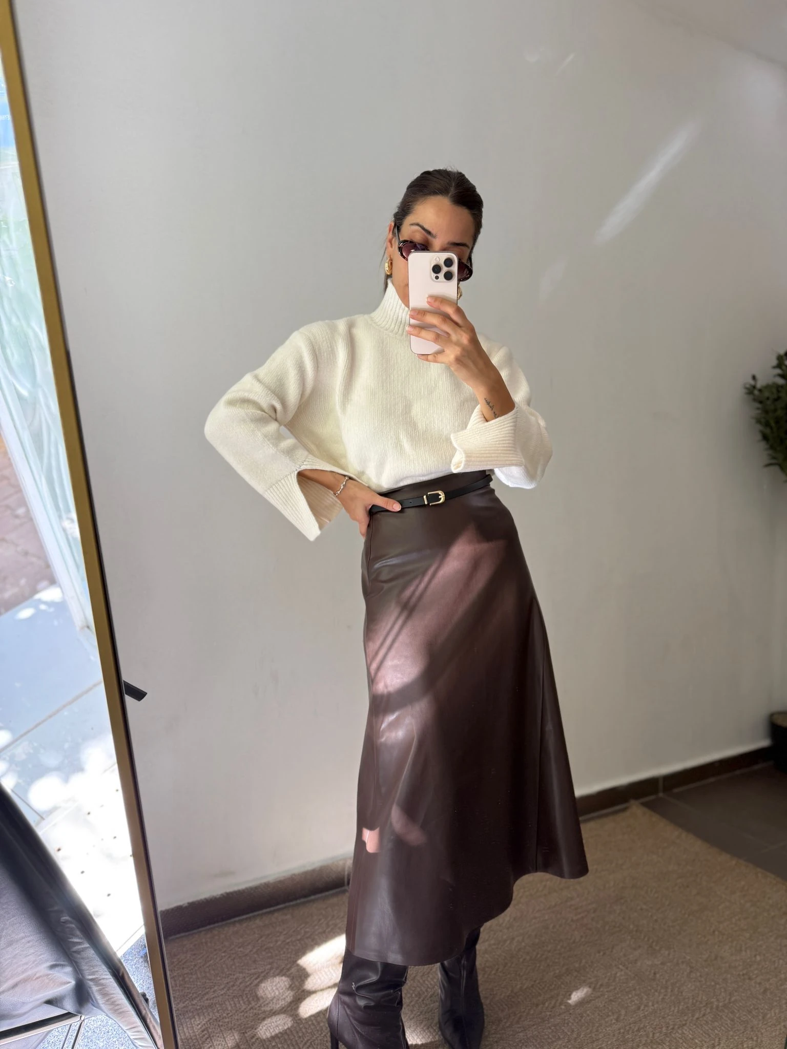 KEMERLİ DERİ MİDİ BOY ETEK  - Kahve