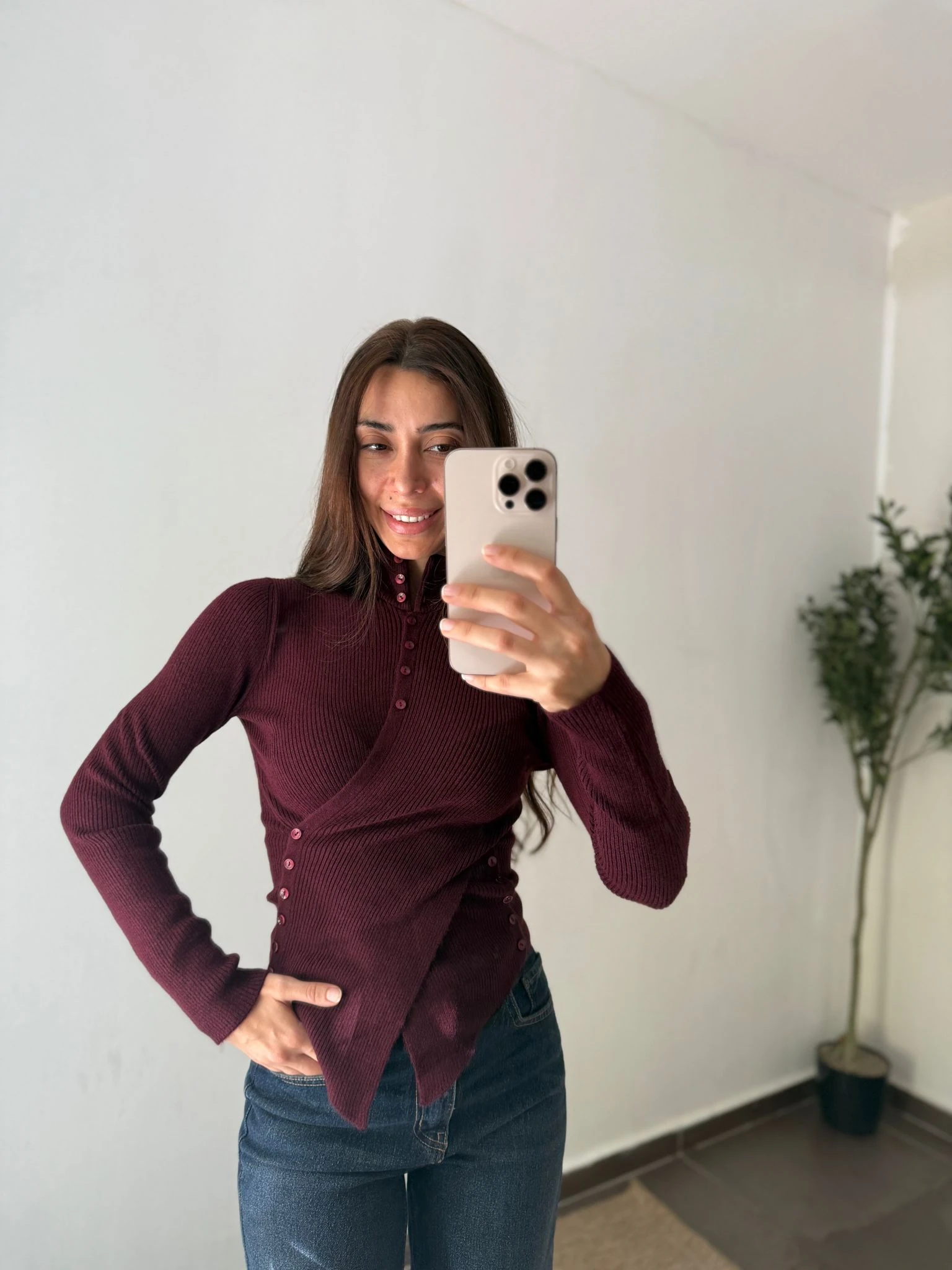 DÜĞME DETAYLI TRİKO BLUZ - Bordo