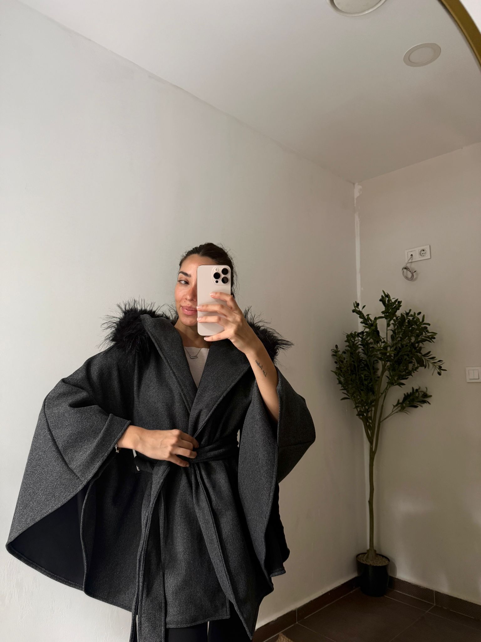 KÜRK DETAYLI PREMİUM KAŞE PANÇO - Antrasit