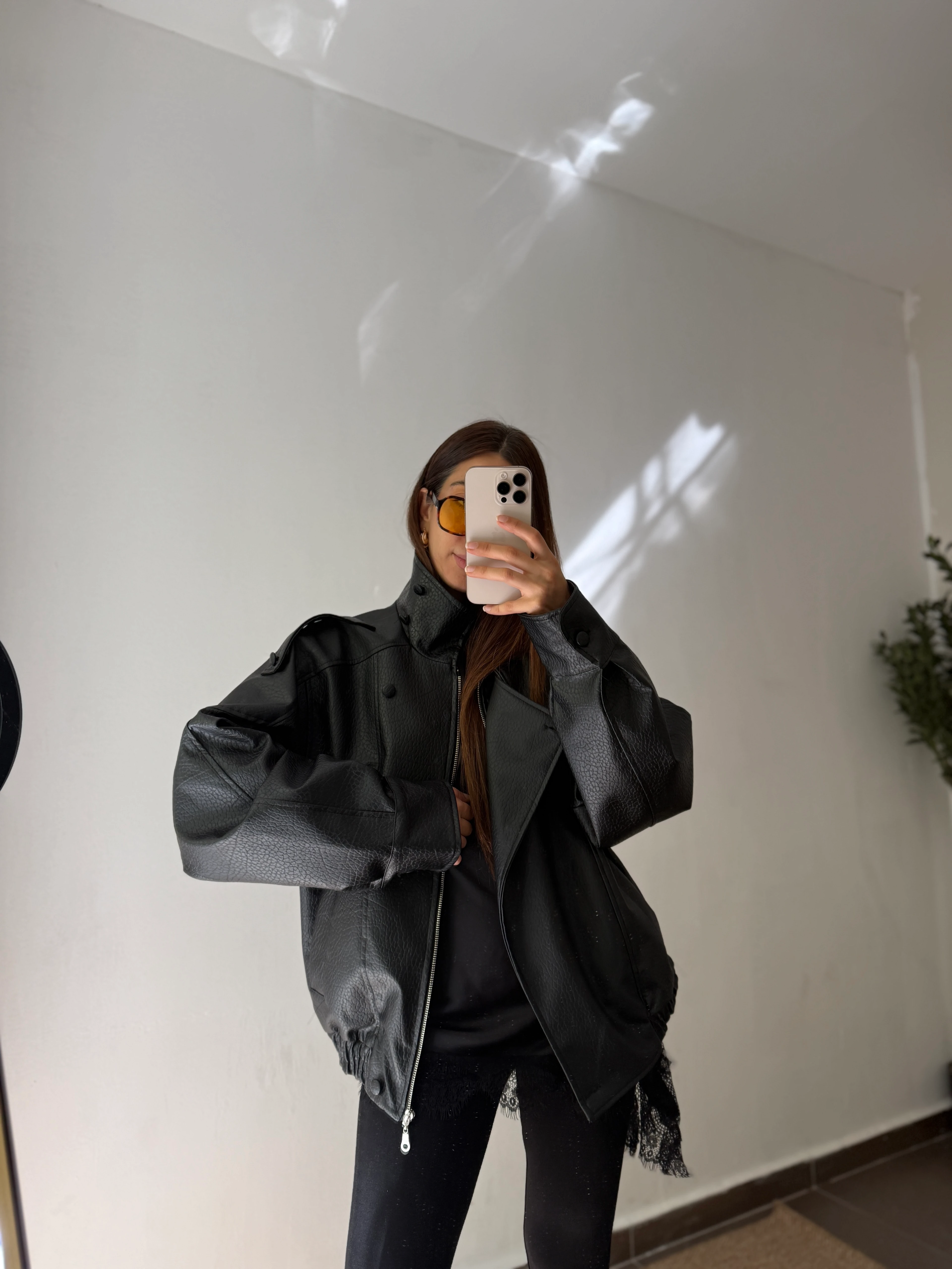 KROKO DERİ BOYUN DETAYLI DERİ CEKET