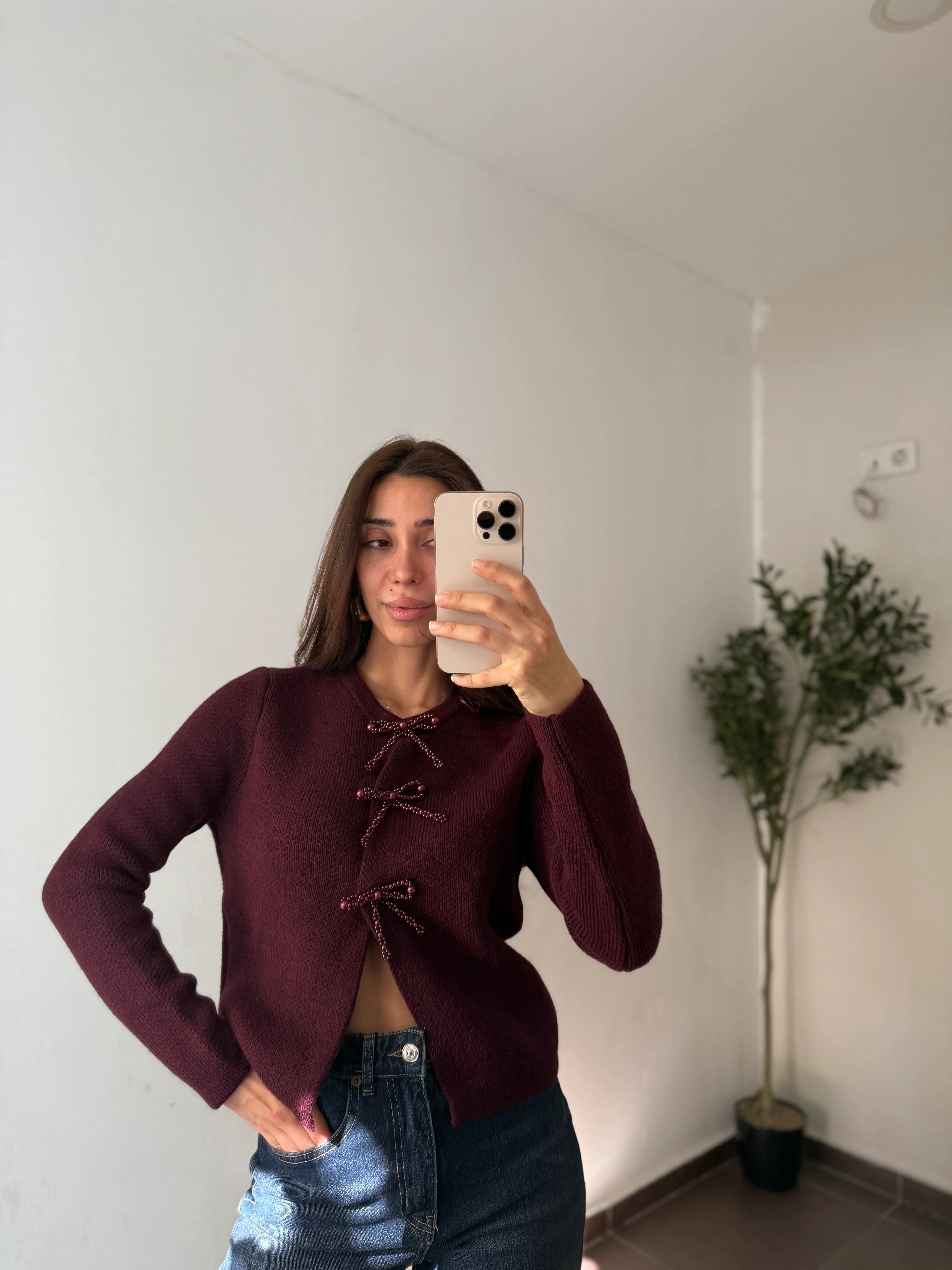 BONCUK KURDELA DETAYLI TRİKO - Bordo