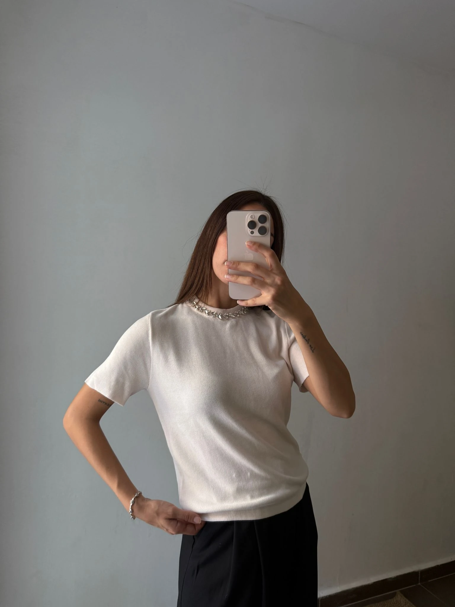 TAŞLI TRİKO BLUZ - Bej