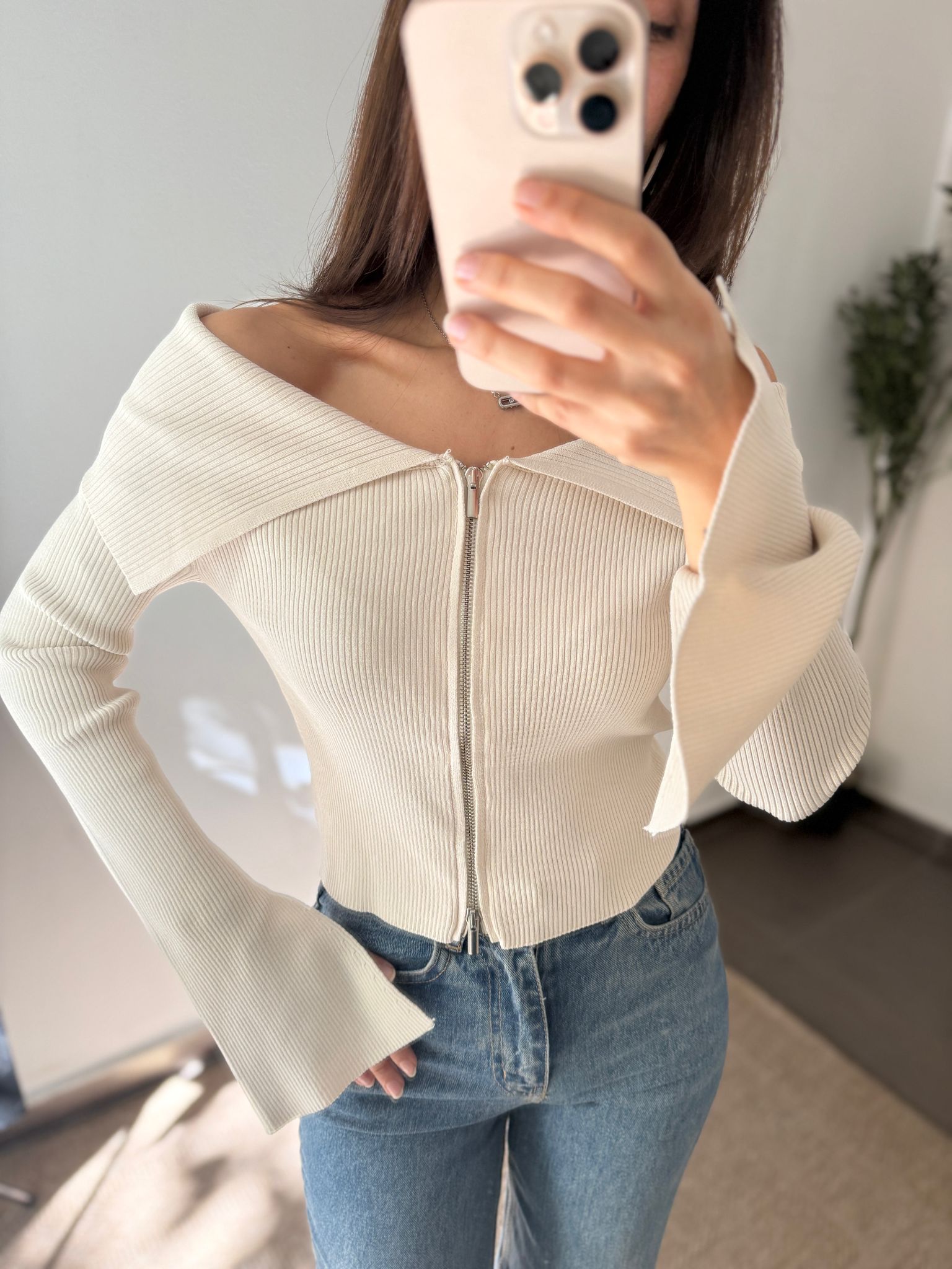 FERMUAR DETAY YAKALI BLUZ  - Taş