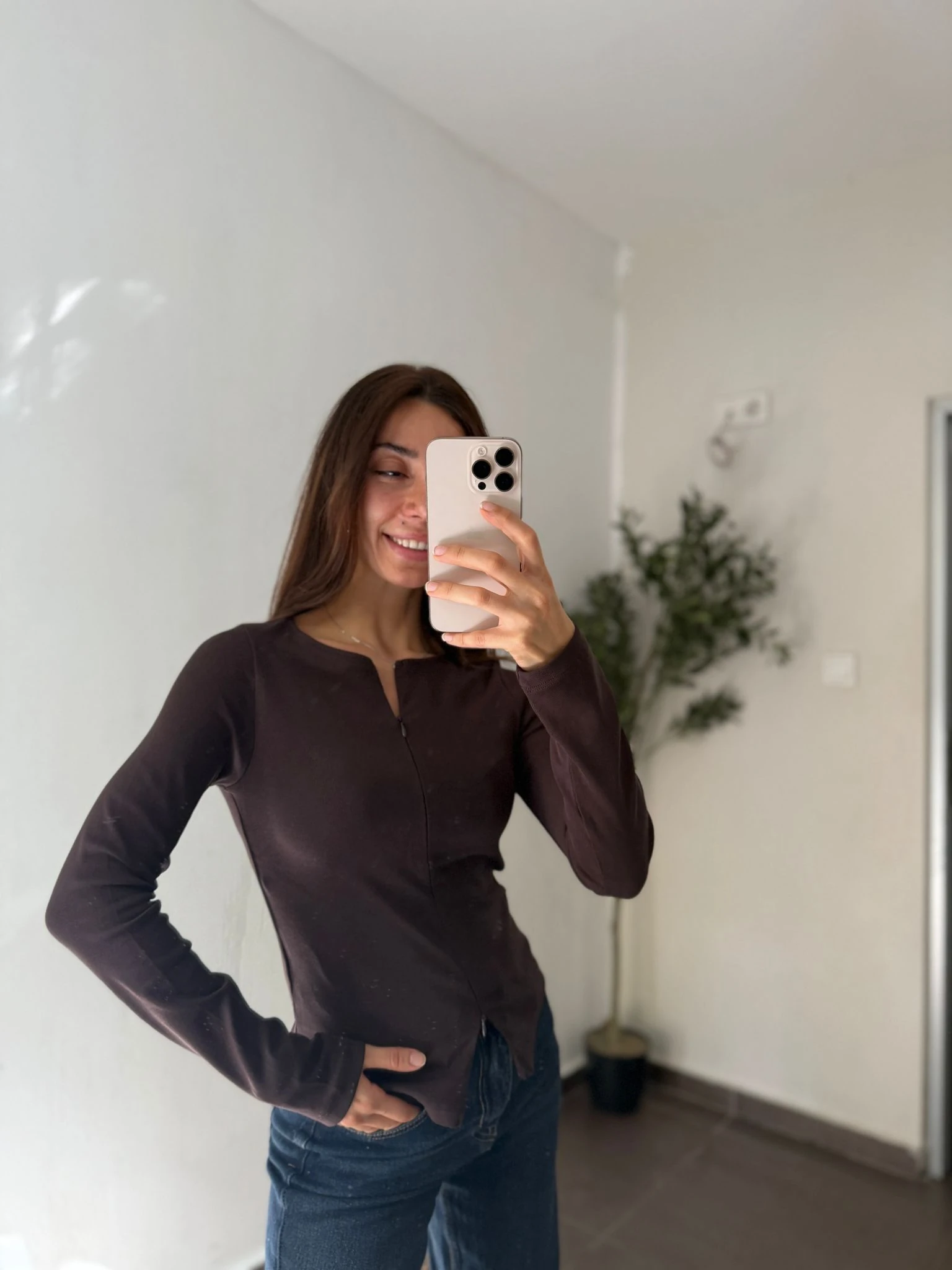 FERMUAR DETAYLI BLUZ - Kahve