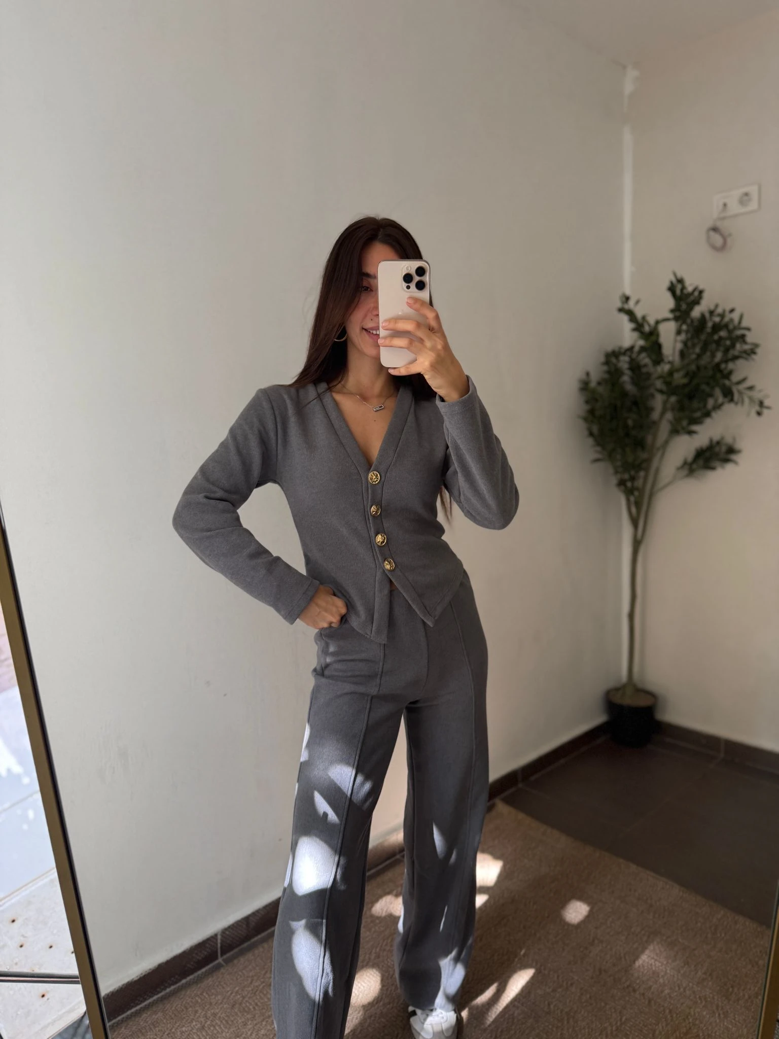 DÜĞMELİ DETAYLI TRİKO TAKIM - Antrasit