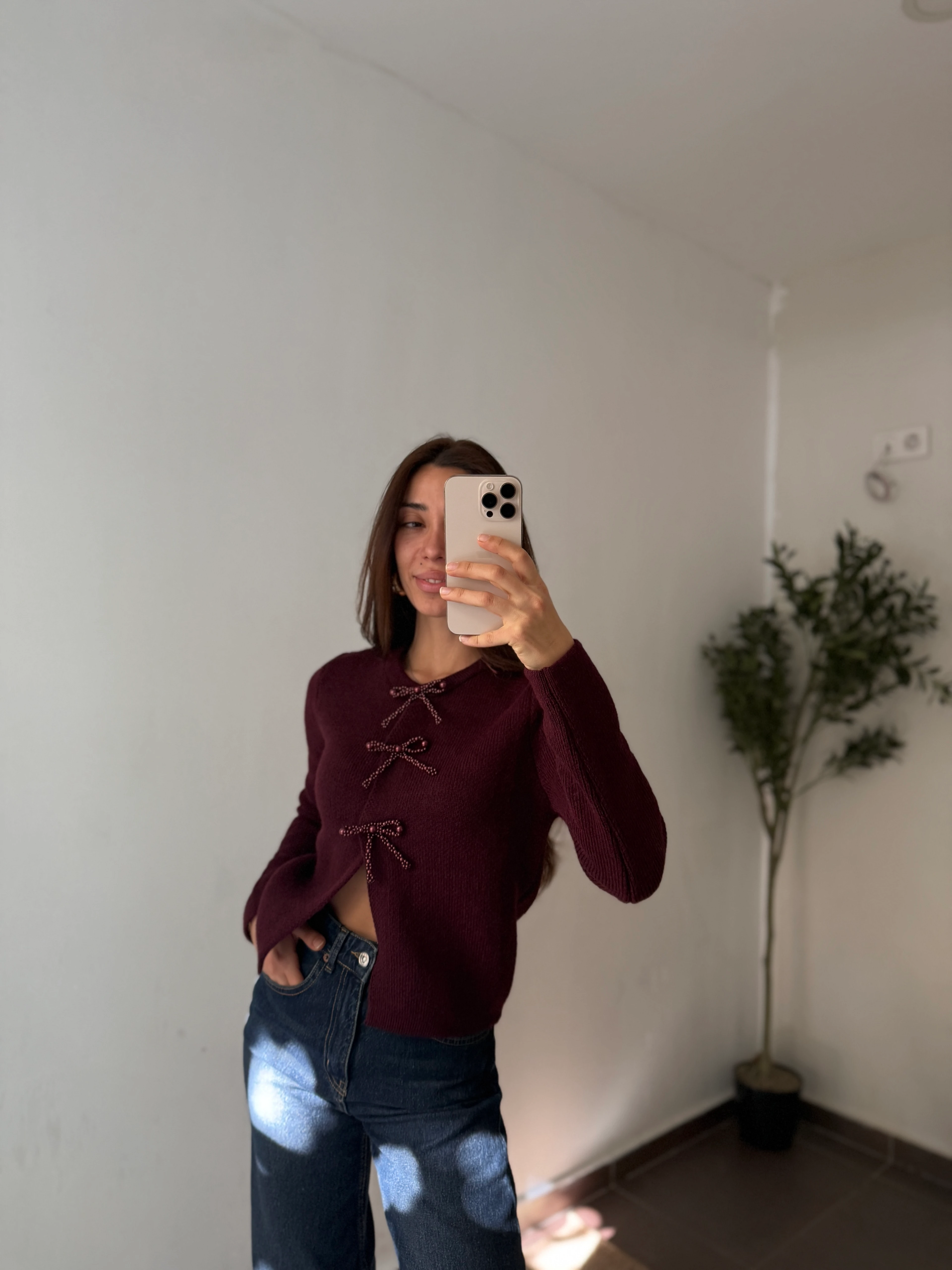 BONCUK KURDELA DETAYLI TRİKO - Bordo