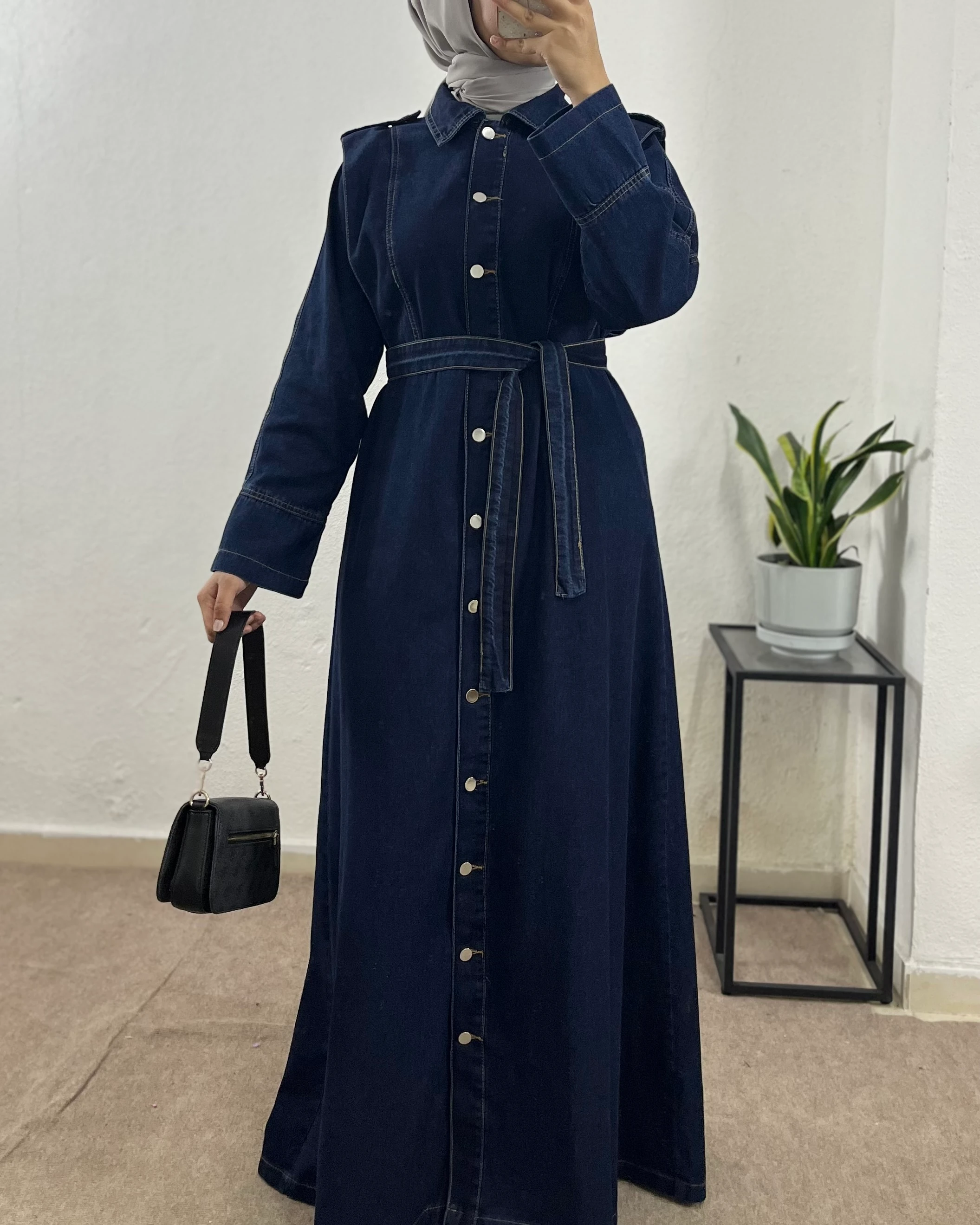 Apoletli Tam Boy Düğmeli Kot Elbise