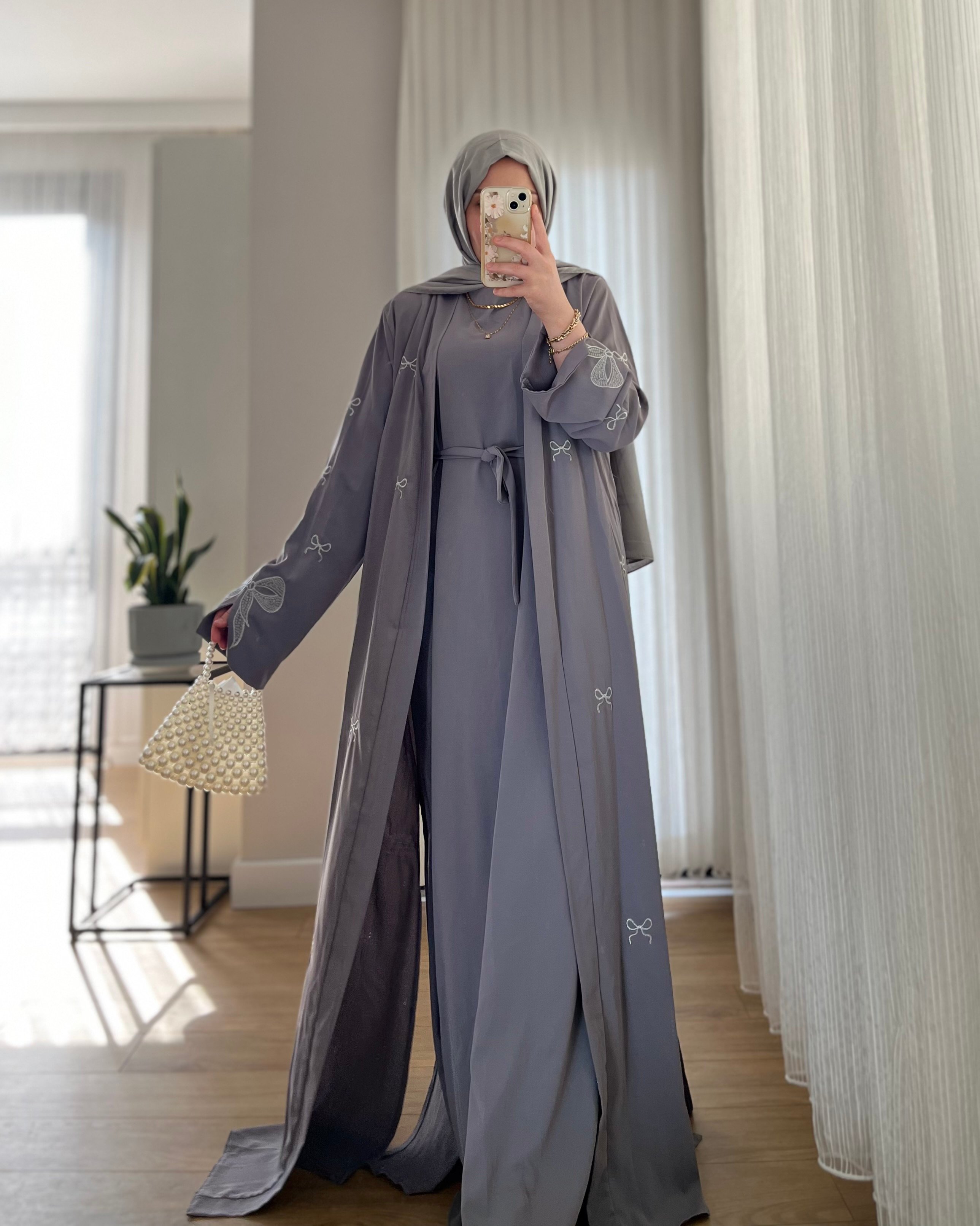 Kurdeleli Abaya Takım  - Gri