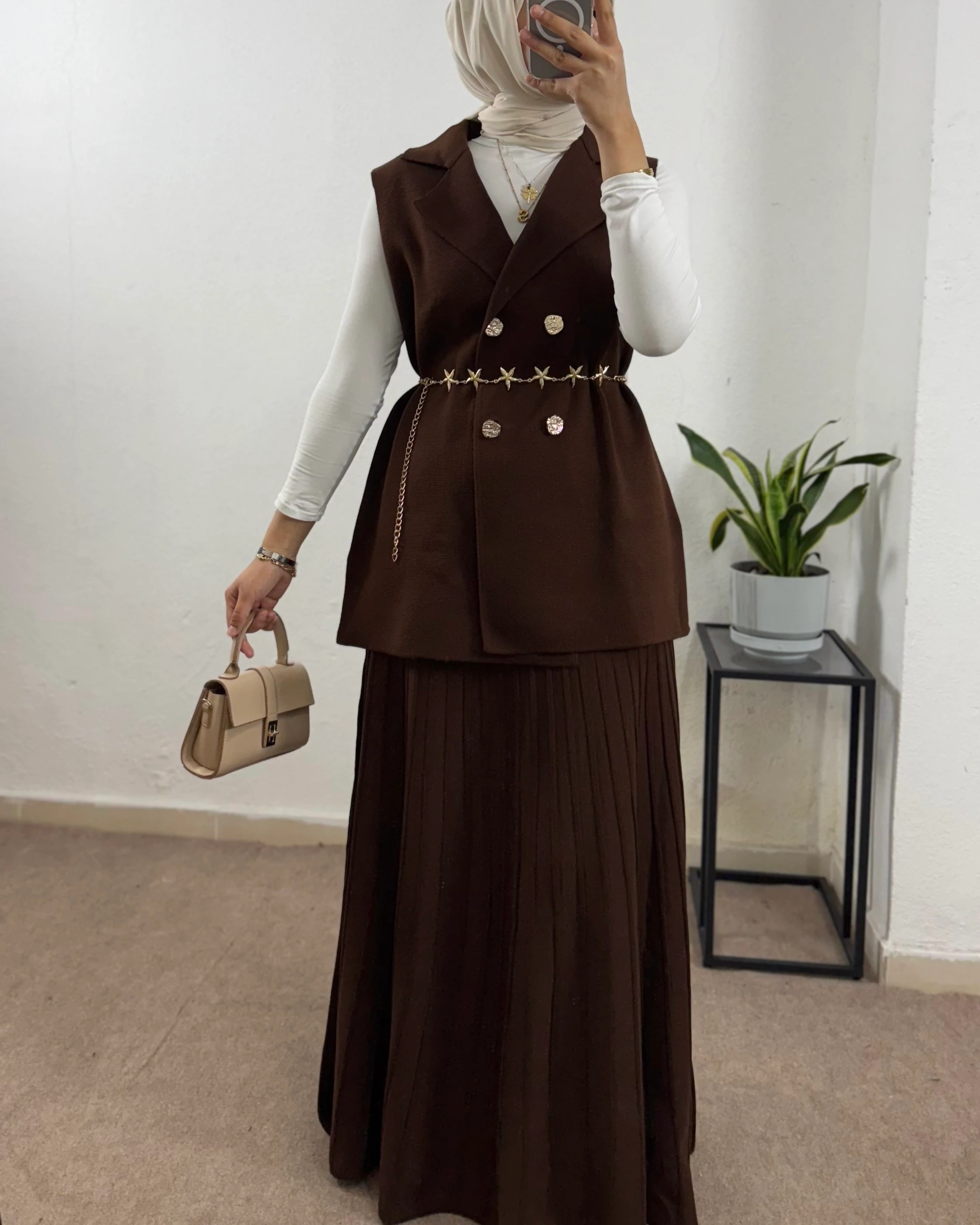 Yelek& Etekli Triko Takım+ (Kemer Hediyeli) - Kahve