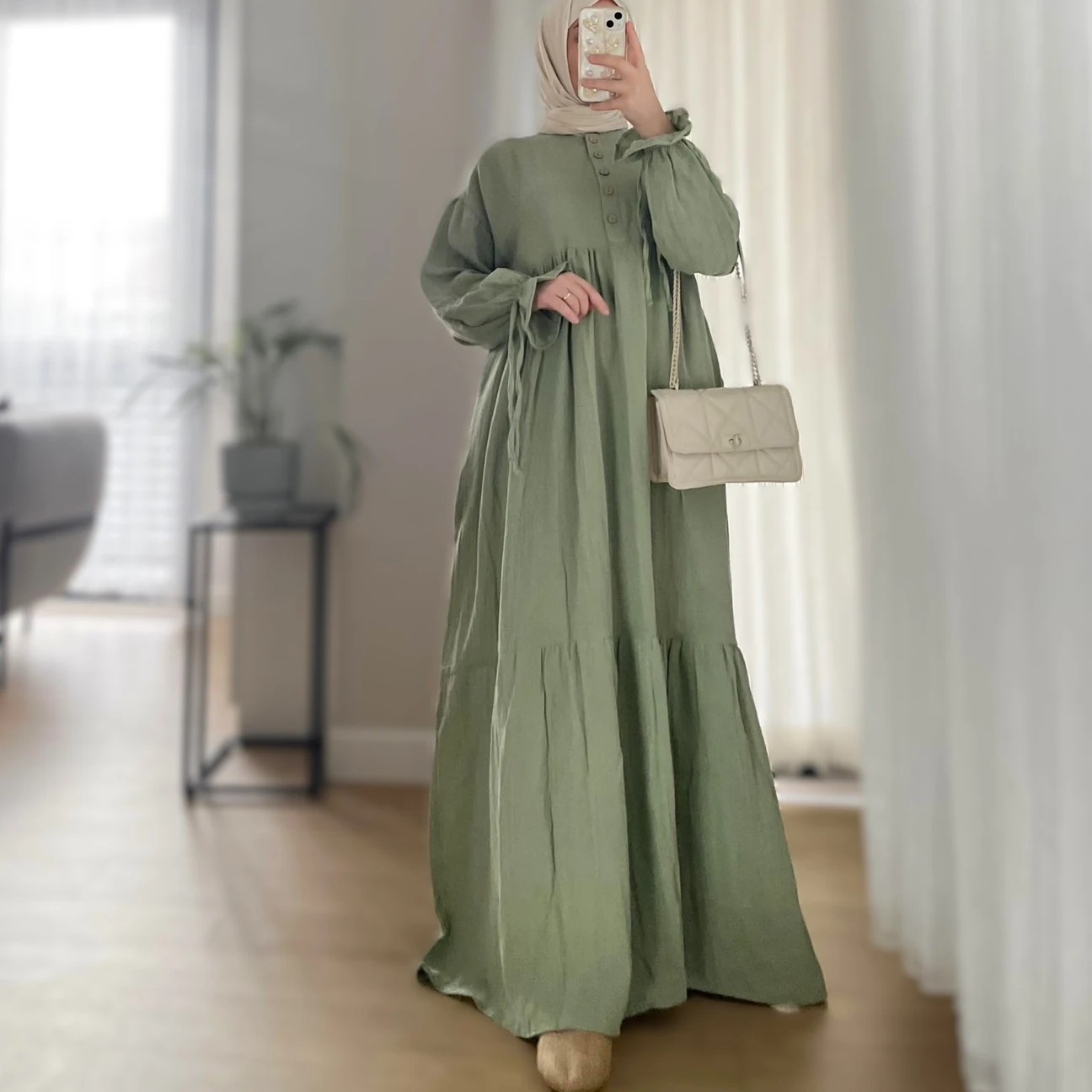 Düğmeli Müslin Elbise