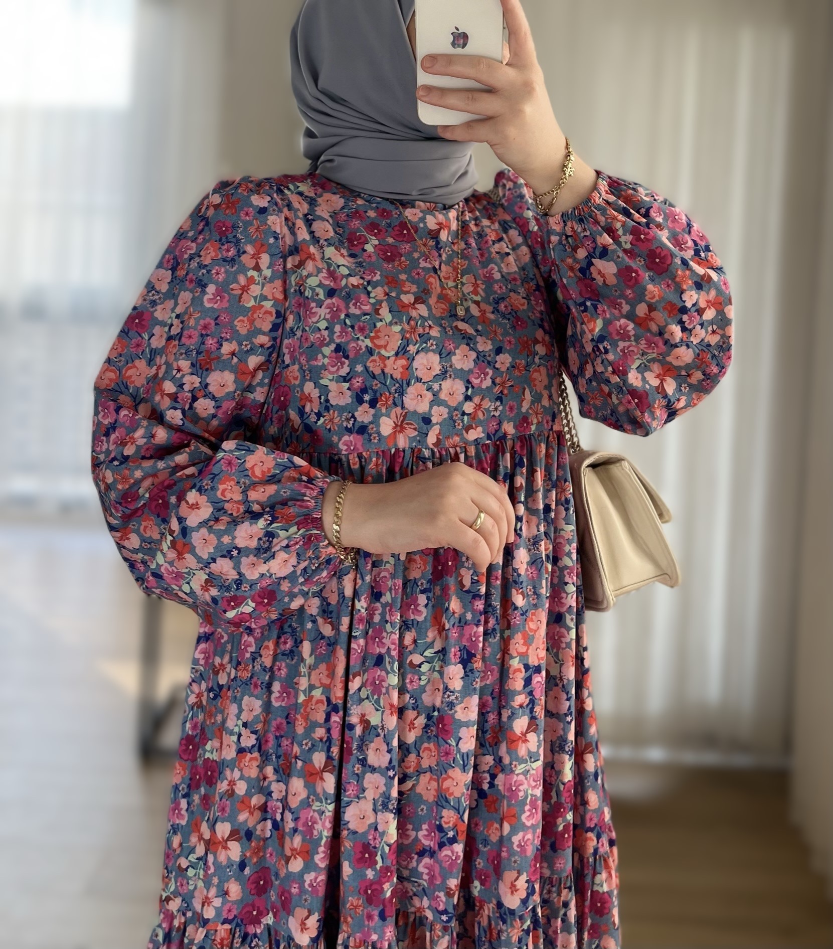 Çiçekli Pamuk Saten Elbise 01