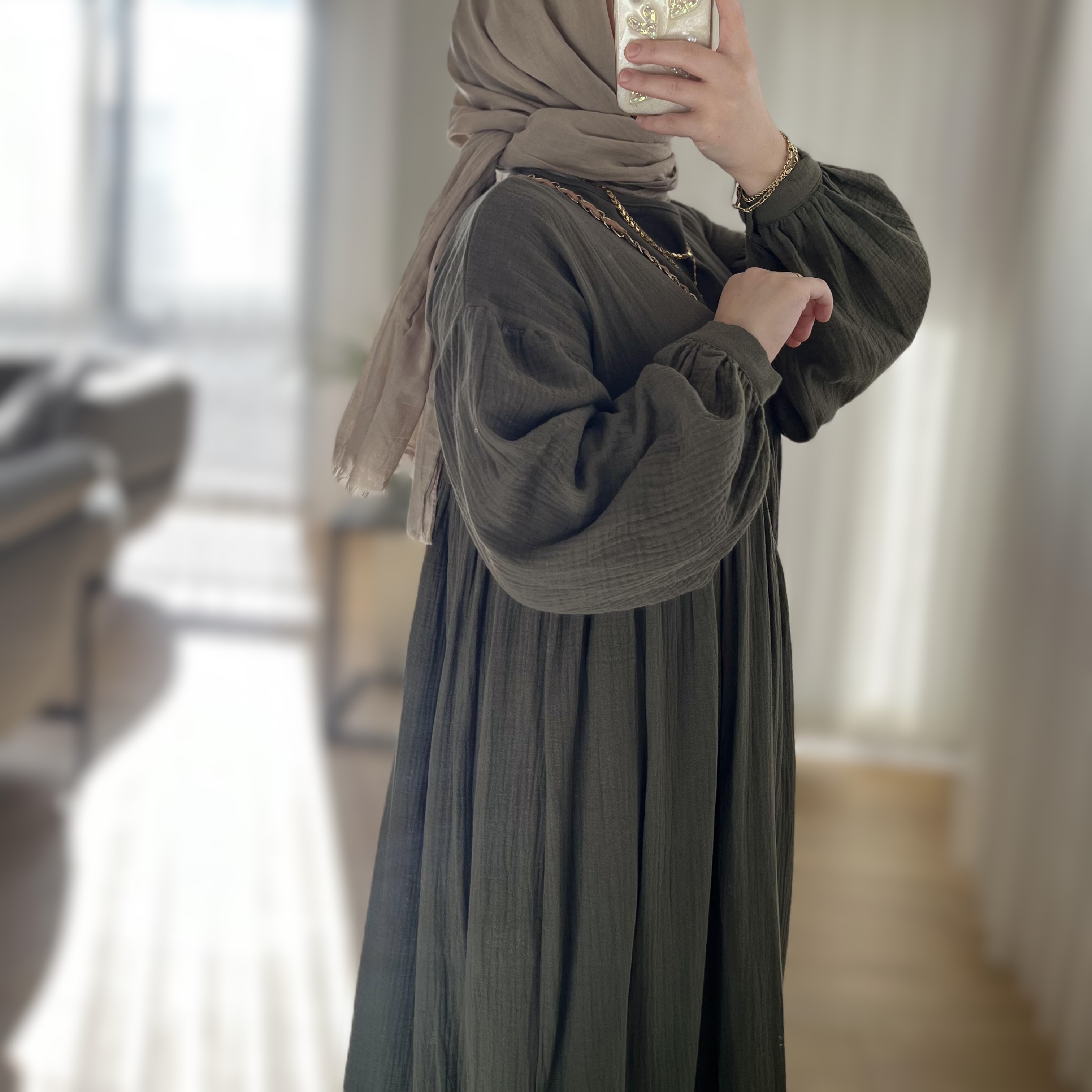 %100 Pamuklu Müslin Elbise-Haki